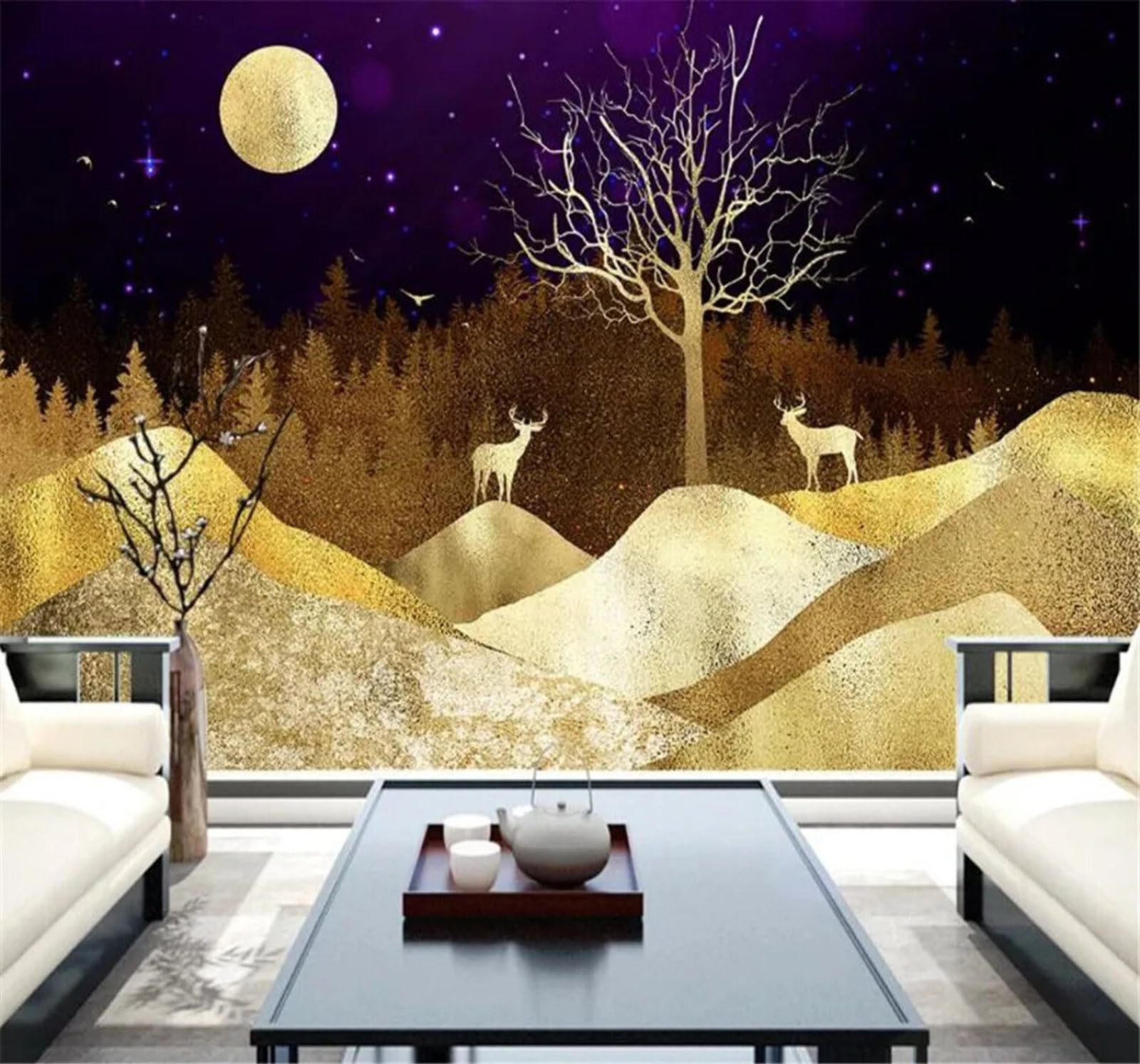 Tzxztt Abstract Gold Landscape Forest Reindeer Modern 3D Wallpaper Premium Textured Silk Neutral Tones Material Ideal for Living Room Bedroom-430cm×300cm