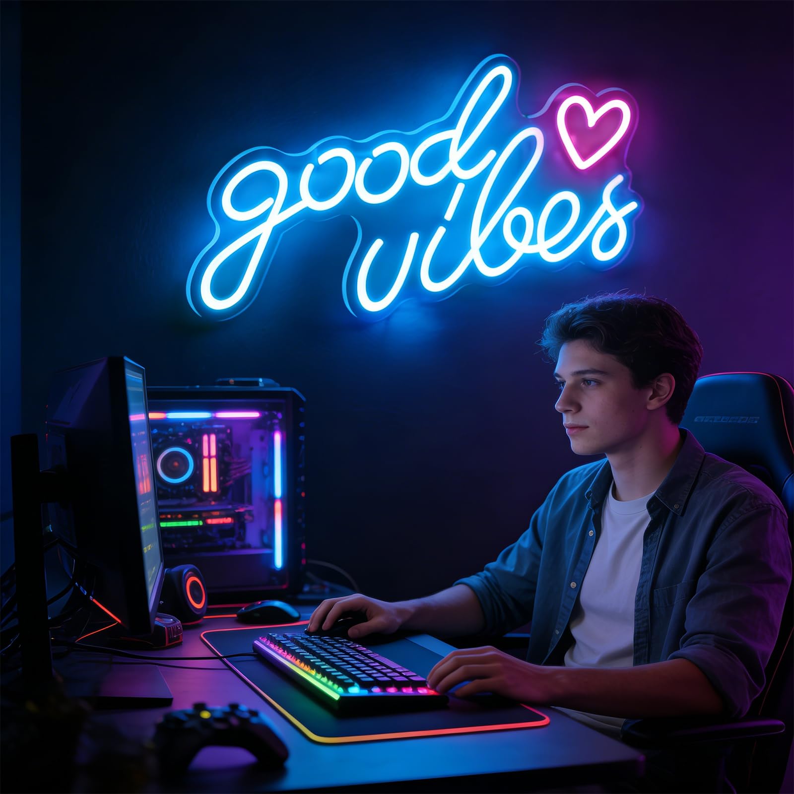 Blue Good Vibes Néon LED, Néon Mural Lettre USB, Lampe Neon Enseigne Lumineuse Good Vibes Words LED pour Chambre à Coucher, Chambre D'Enfant, DéCoration Murale, Bar, Mariage, FêTe, One Piece 40*22cm
