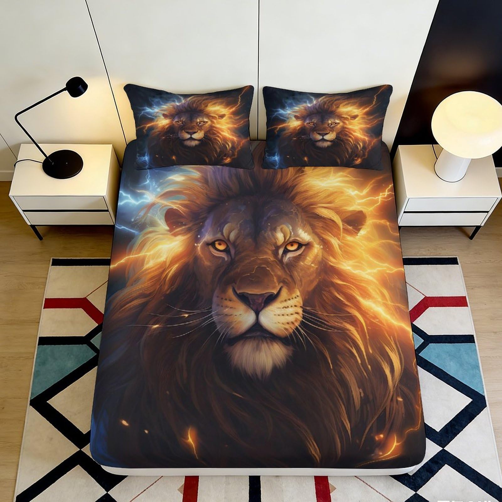 3D Printed Lion Thunder Fitted Sheet Microfiber Soft Anti-Slip for Bedroom Dorm Mattress Cover Decor 90x200x25cm