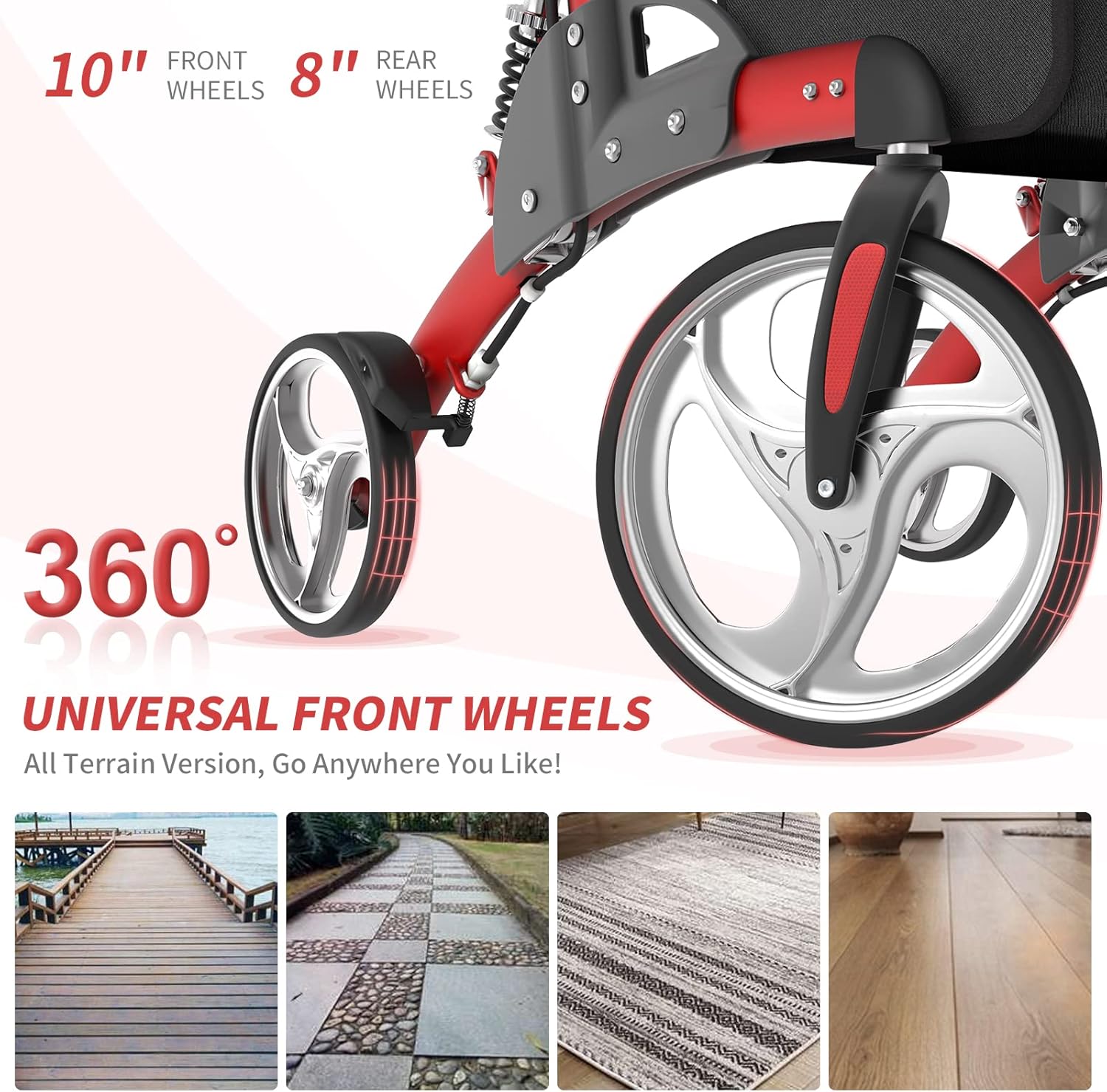 Rollator Walker with Seat for Seniors, Foldable Rolling Walker with Adjustable Handles, Lightweight Mobility Walking Aid for Elderly with 10" Front Wheels, Support up to 400 lbs, Red : Health & Household