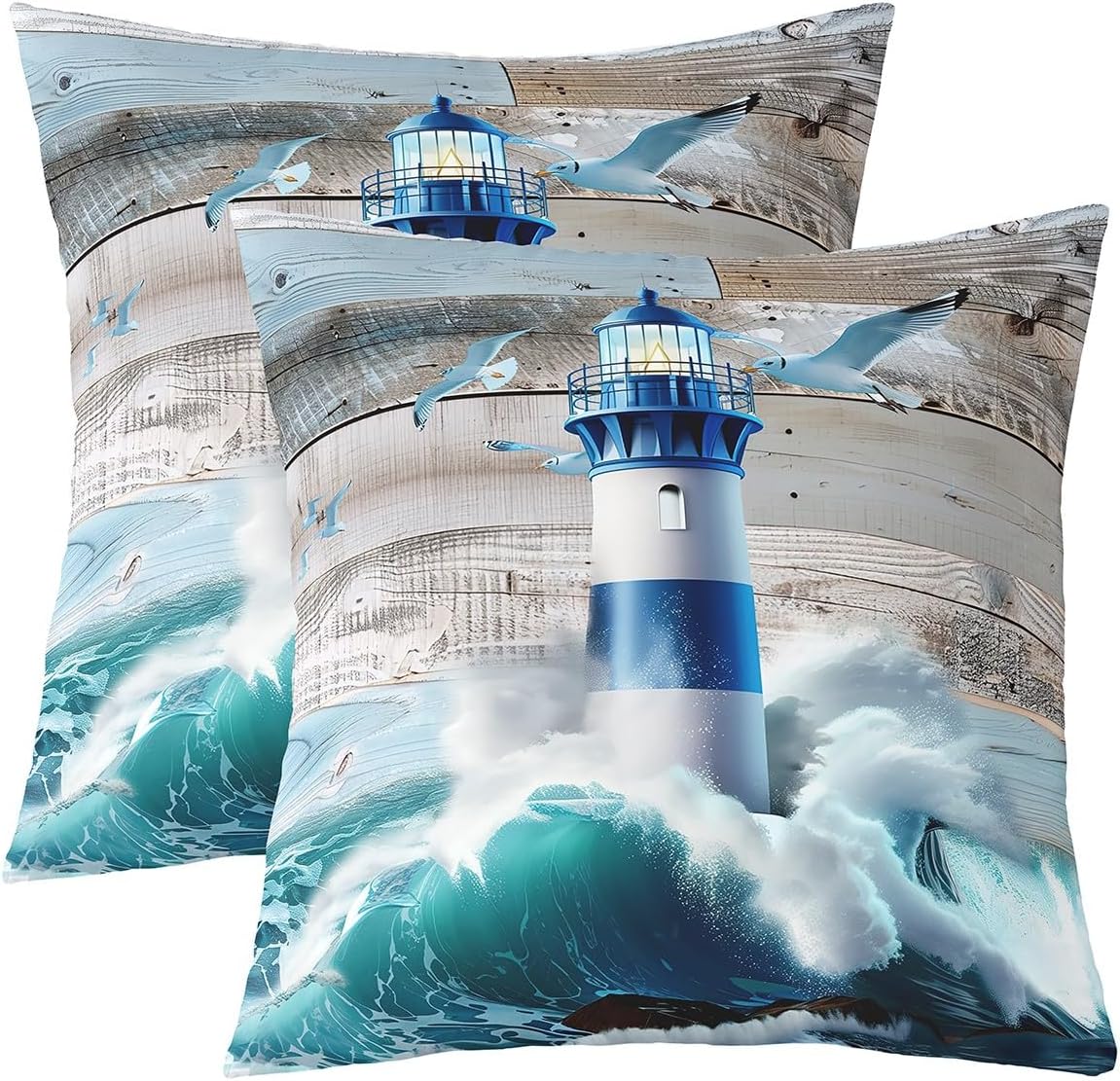 Erosebridal Lighthouse Throw Pillow Covers Set of 2 24x24 Rustic Wooden Board Pillow Covers Bedroom Decor Surfing Ocean Wave and Birds Soft Cushion Covers Nautical Decorative Pillow Covers,Blue
