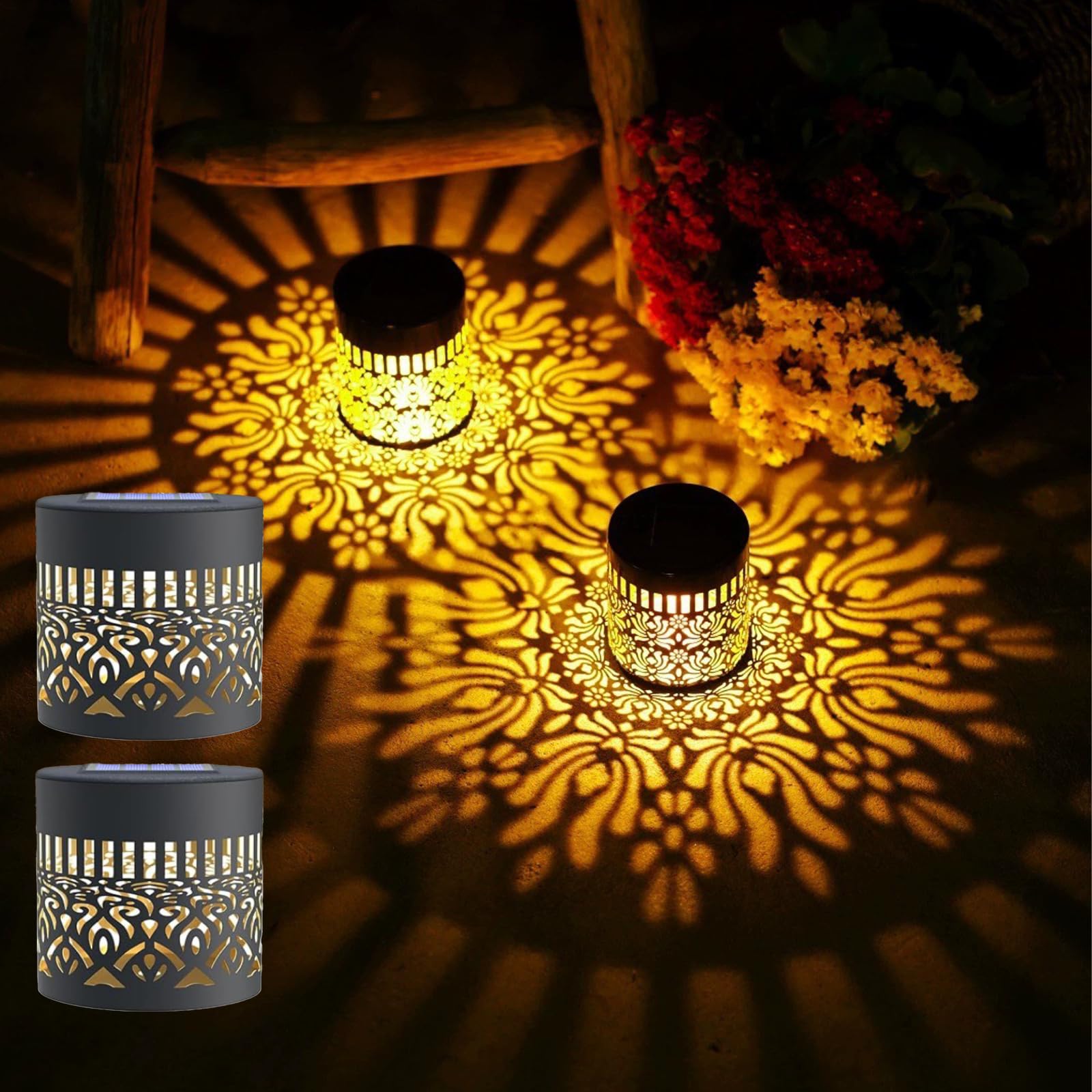Solar-Powered Mandala Projector Light, Waterproof Rain, Snow,3-Foot Pattern from A 5-Inch Lights,Metal Shadow for Outdoor Fence, Patio, Garden, Warm LED Decorative Lighting Wandleuchte (2, A)