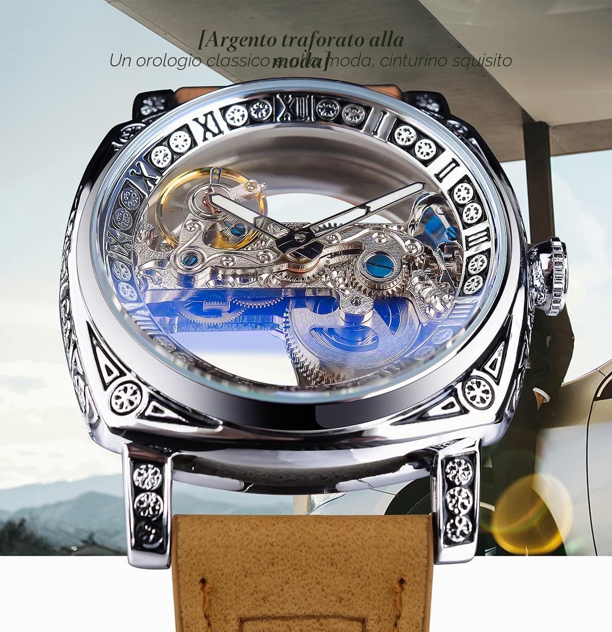 FORSINING Orologio da polso da uomo, alla moda, classico, scheletrato, quadrato, quadrante trasparente, automatico, meccanico, in pelle, luminoso, impermeabile