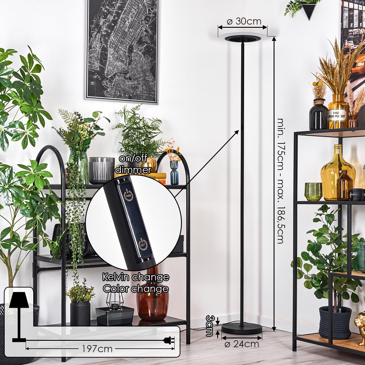 Lampa stojąca LED HOFSTEIN Byrum, możliwość ściemniania, wykonana z metalu/szkła w kolorze czarny/biały, verstellbar, nowoczesny design, ściemniacz dotykowy, CCT, 186,5 cm, salon, sypialnia, jadalnia