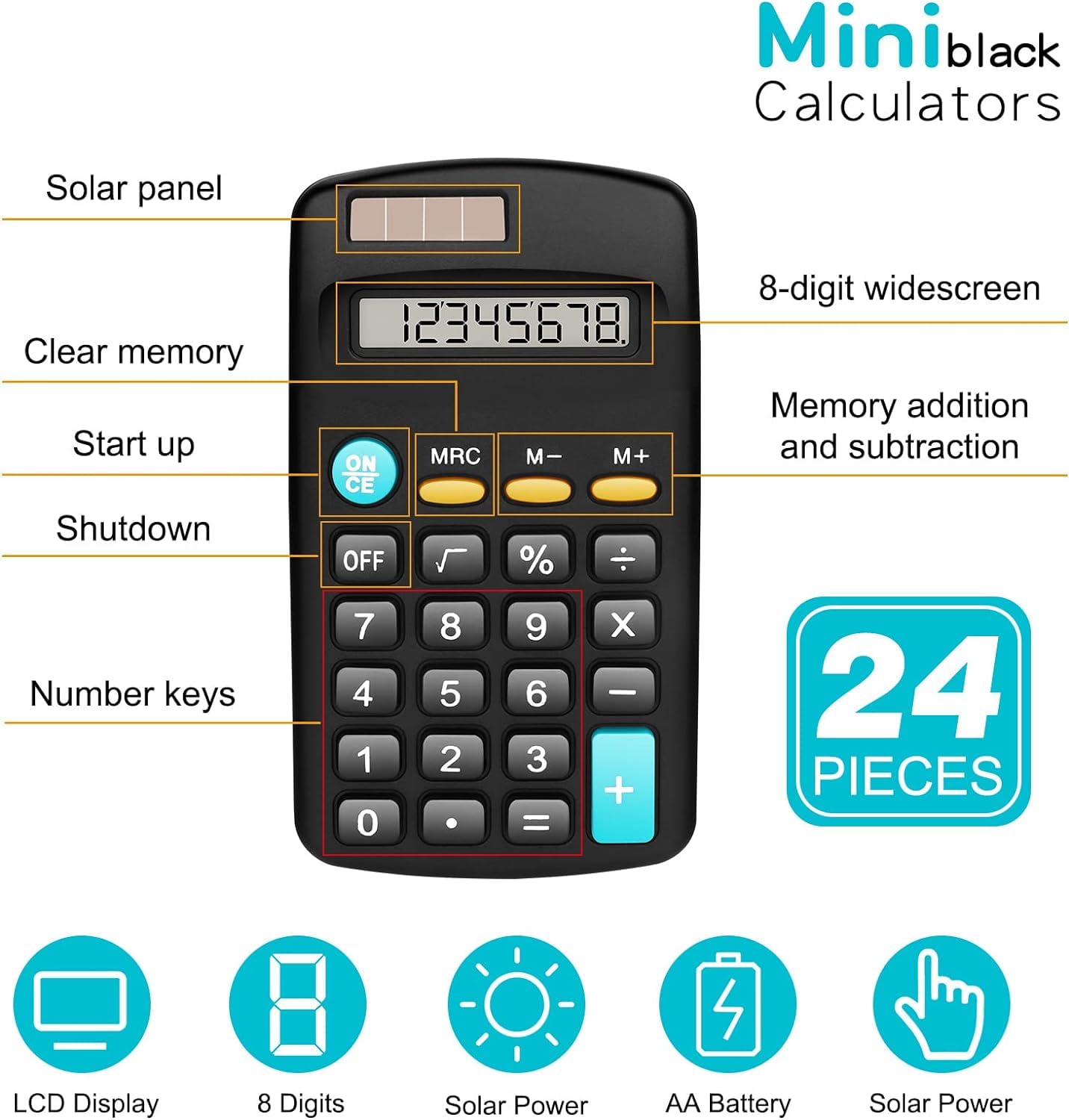Paquete de 24 calculadoras básicas para estudiantes, tamaño de bolsillo, mini calculadoras con pantalla de 8 dígitos, calculadora básica, batería solar, calculadoras de mano de doble potencia para