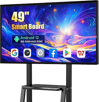 49 Inch Interactive Whiteboard, 4K UHD Smart Board Android 12, RK3588 Octa 8+64GB, IR Touch, Eshare Cast + Reverse, Whiteboard, USB Player, Wall/Stand Mount, for Office, Classroom & Live Streaming
