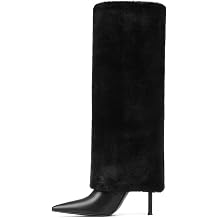 EQAUDES Women Fur Knee High Boots Heels Fold Over Tall Boots -Wide Calf,Pointed Toe, Furry, Dressy, Party, Fashion Shows