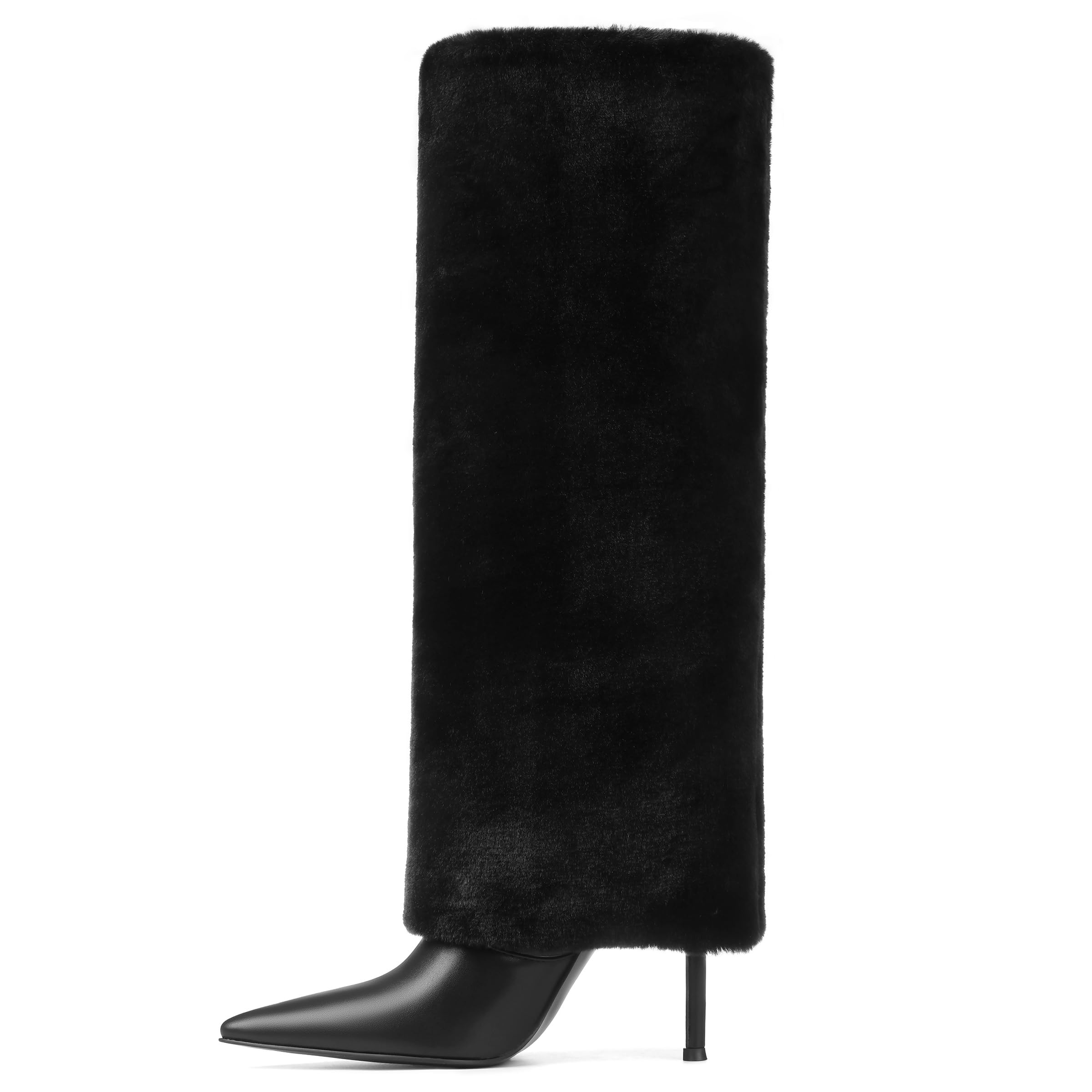 Women Fur Knee High Boots Heels Fold Over Tall Boots -Wide Calf Pointed Toe Furry Dressy Party Fashion