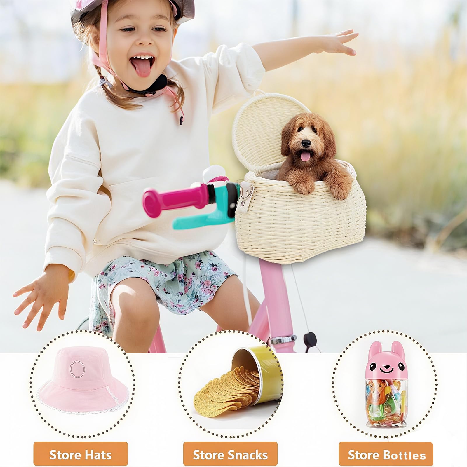SVNR Panier de vélo pour enfants, panier de vélo avant pour garçons et filles, sac à dos tissé à la main avec couvercle, bandoulière et paniers de guidon avant en rotin, beige