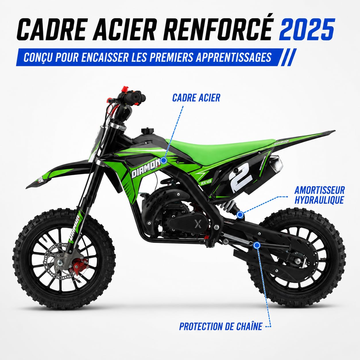 Mini Cross Enfant 49cc Orion RX49 – Pocket Bike Thermique 2 Temps, Démarrage Facile, Freins à Disque, Limiteur Vitesse 3 Pos., Amortisseur Hydraulique – Vert
