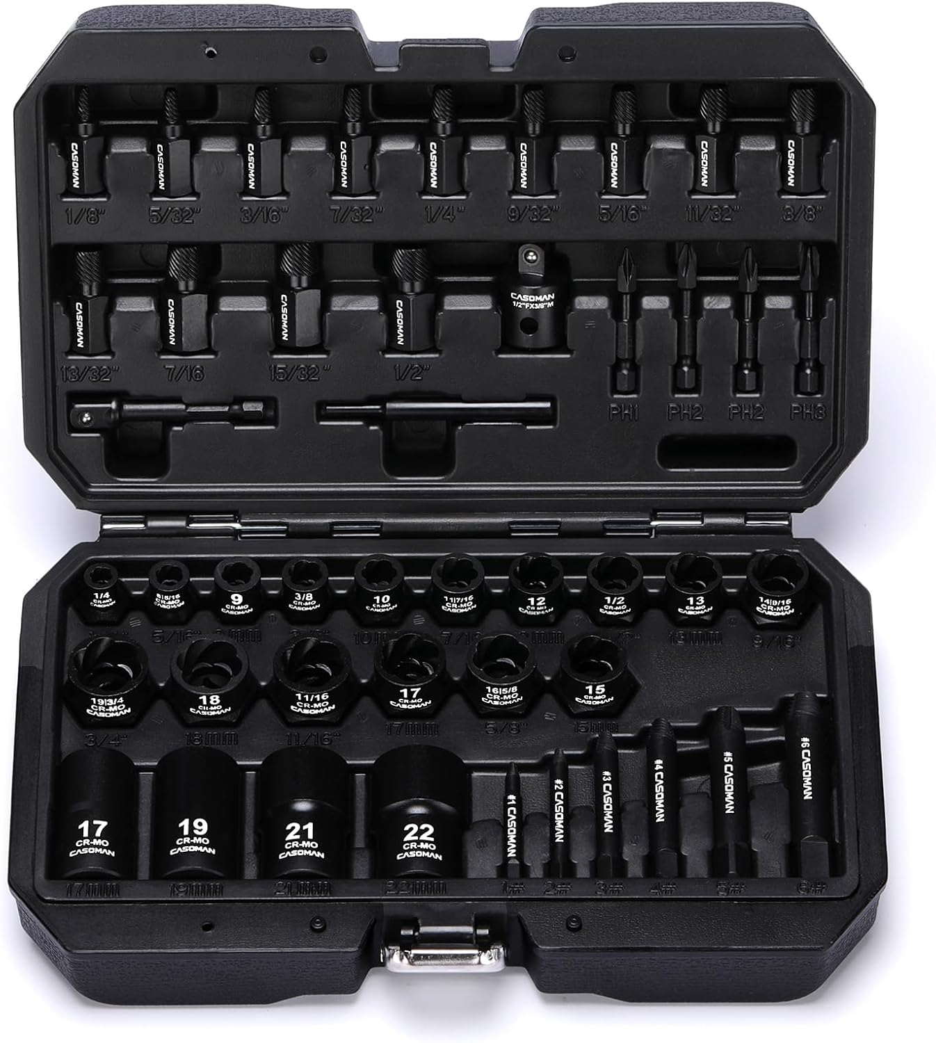 CASOMAN 3/8" Drive Bolt & Nut Extractor Set, Heavy Duty Screw Extractor Kit with Adapter and Pin for Removing Damaged Rusted Broken Rounded Fasteners off with a Storage Case, CR-MO