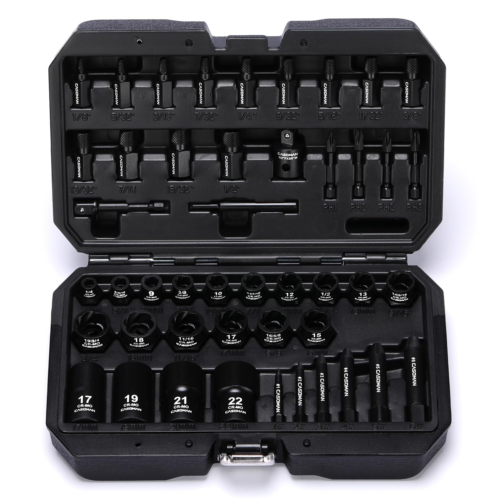 CASOMAN 46PCS 3/8" Drive Bolt & Nut Extractor Set, Heavy Duty Screw Extractor Kit with Adapter and Pin for Removing Damaged Rusted Broken Rounded Fasteners Off with a Storage Case, CR-MO