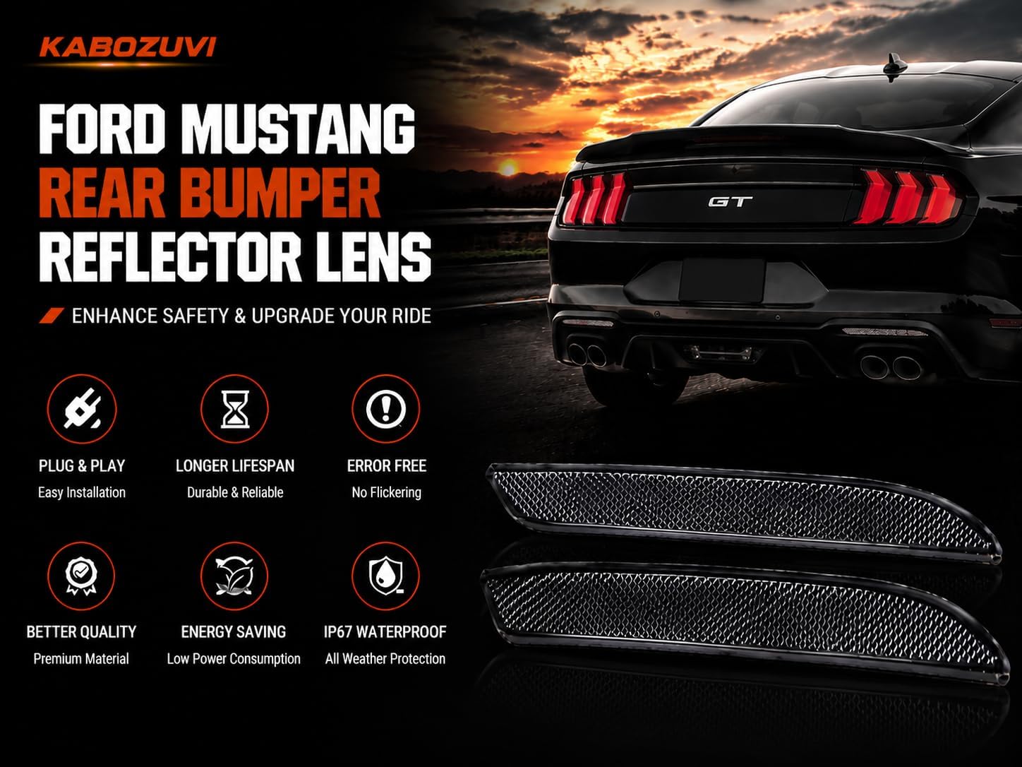 Smoked Tinted Lens Rear Bumper Reflectors Lens for 2018-2025 Ford Mustang