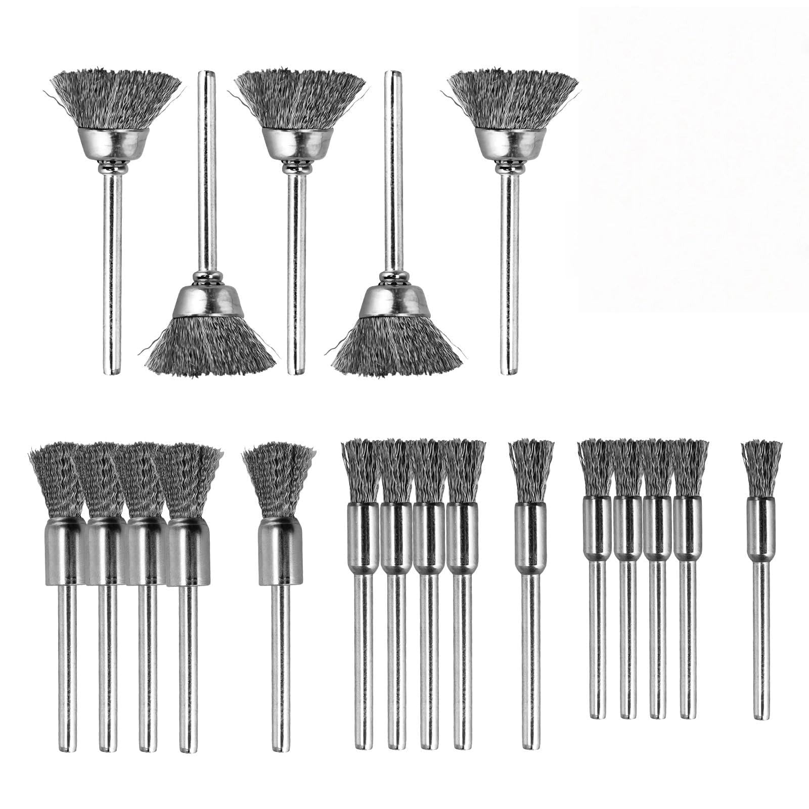 20 Piezas Cepillo de Alambre para Taladro - 4 Tamaños (Vástago 3 mm) - Kit para Lijar, Eliminar Óxido, Pintura y Manchas - Ideal para Madera y Metal - Uso Profesional