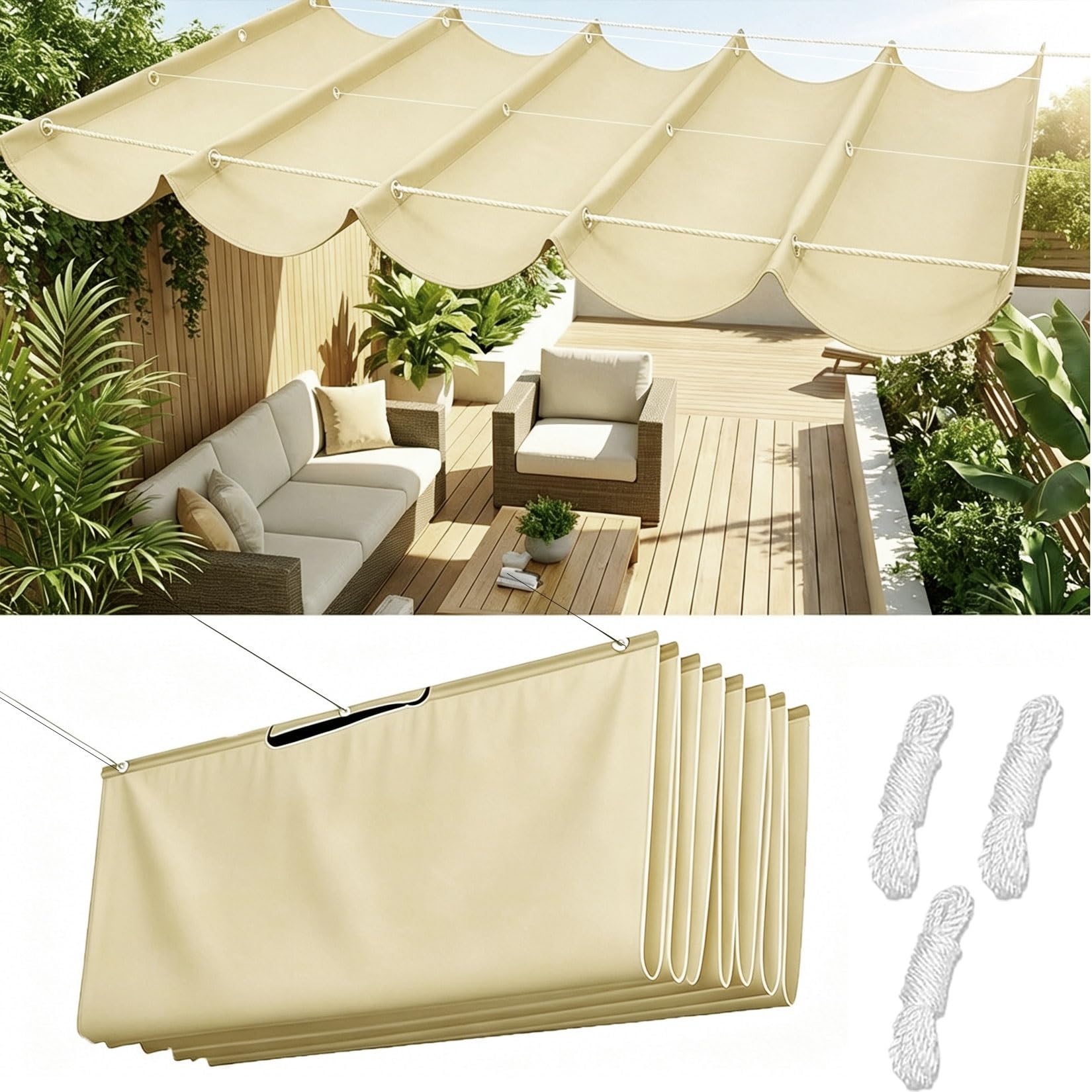 Toile d'ombrage vague rétractable 190x230 cm jaune sable pour terrasse