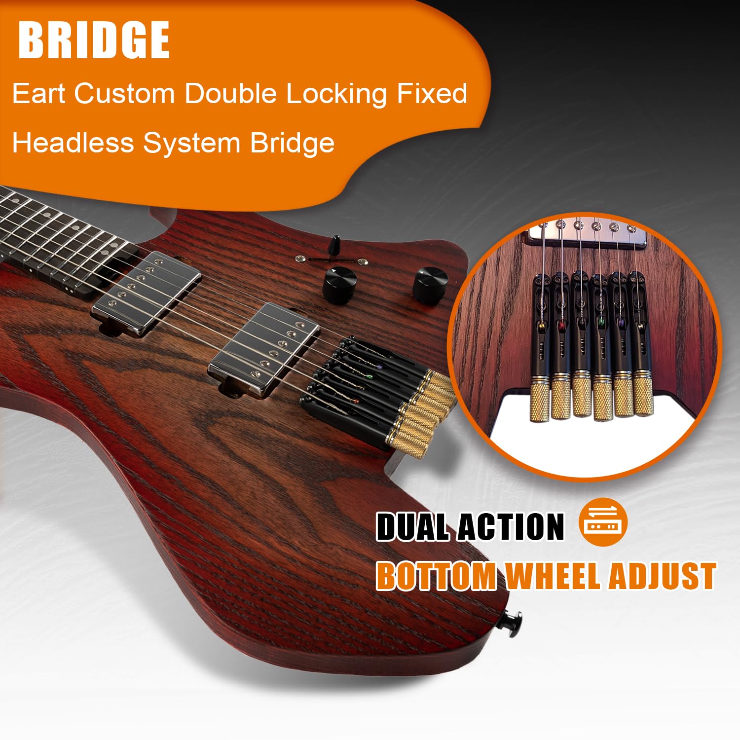 EART GW2-Pro Headless E-Gitarre feste Brücke für Reisen, geröstete Esche Solid Body - Wenge Neck, Trans White/Natural/Solid Black