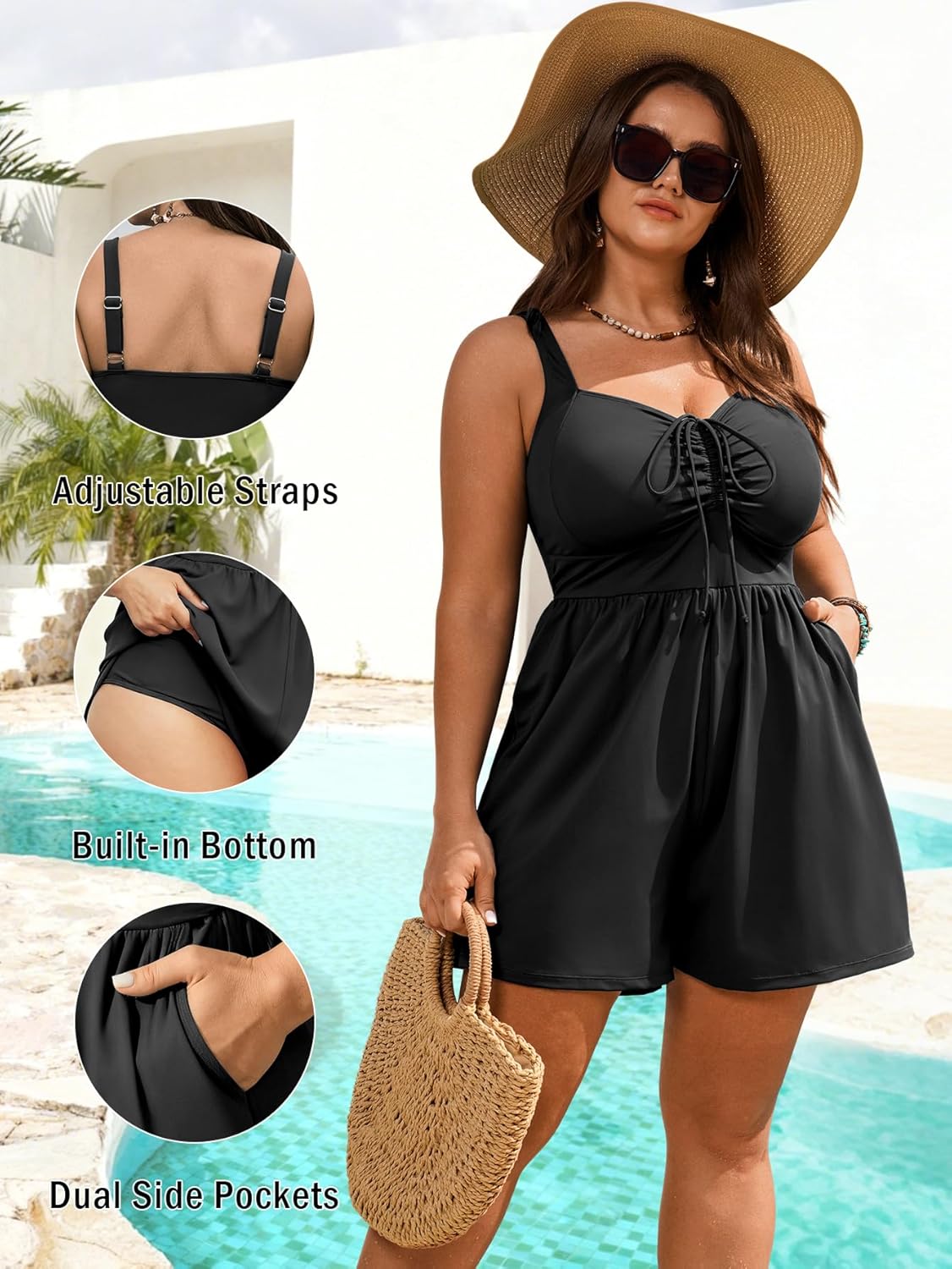 SCOMCHIC Plus Size Swim Romper One Piece Swimsuit Women Bathing Suit with Pockets Modest Swimwear with Shorts - Image 4