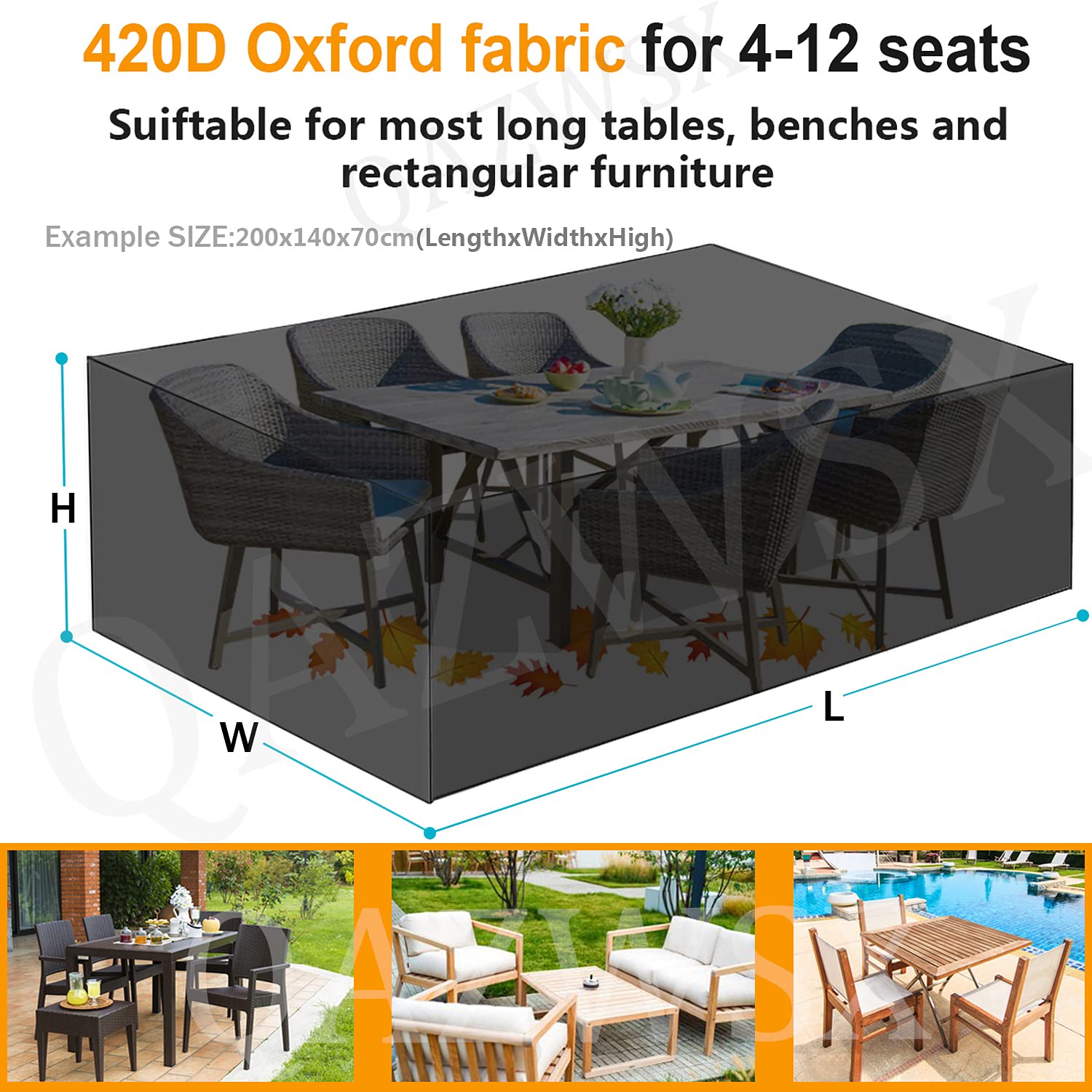 Copertura impermeabile per mobili da giardino in tessuto Oxford 420D, resistente, rettangolare, rettangolare, quadrato, antivento, anti UV, beige, 200 x 160 x 70 cm