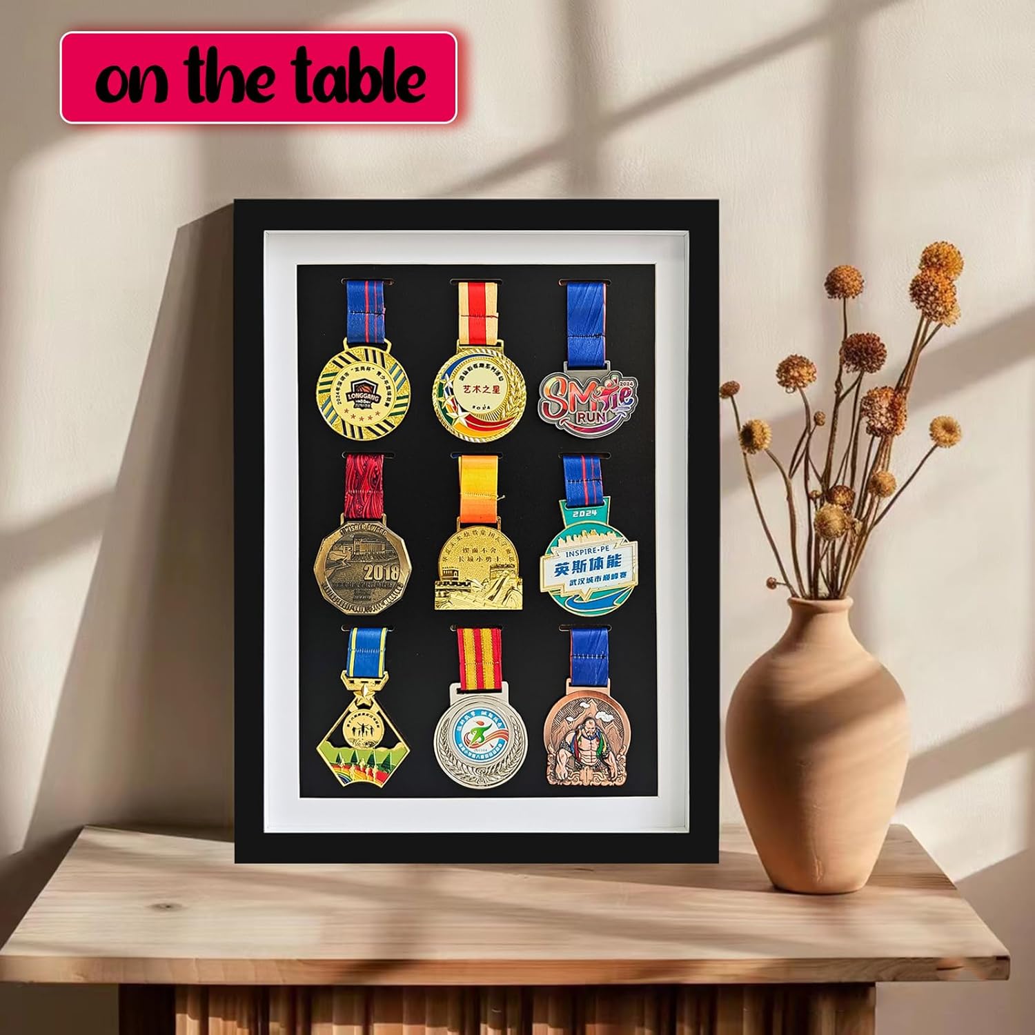 Medal Display Case, 9 Medal Display Frame Shadow Box, Medal Display for Runners Marathon Triathlon Soccer Gymnastics All Sports Medals, Black