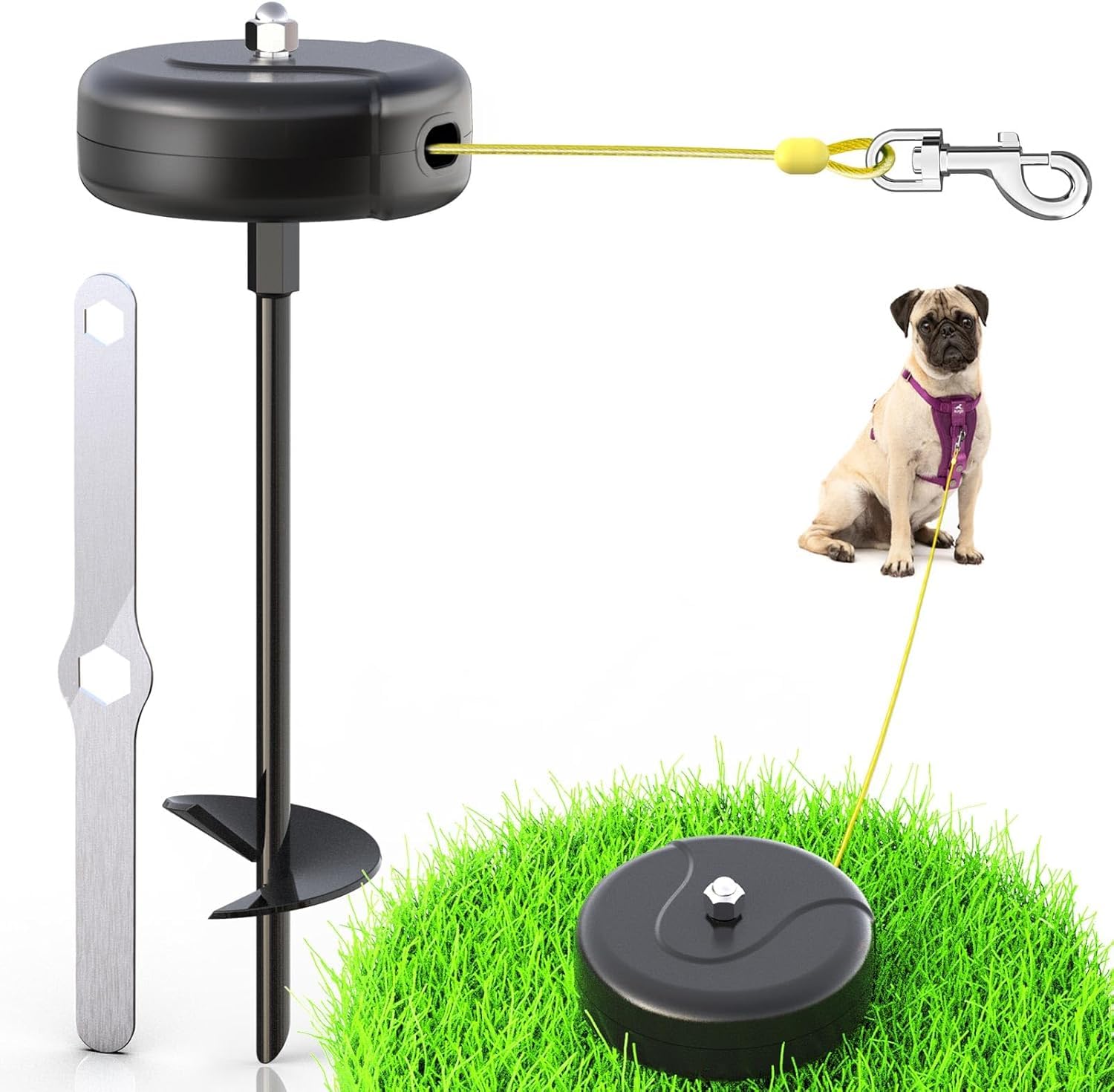 30ft Dog Tie Out Cable and Stake, 360° No Tangle Heavy Duty Spiral Steel Anchor and Retractable Lead for Small to Large Dogs Up to 10-90 lbs, for Outside Yard Camping Park