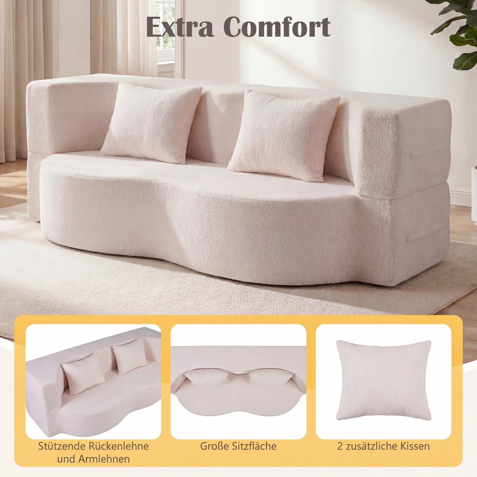 COSTWAY sofa rozkładana, bezresorowe sofa do spania z 2 wygodnymi poduszkami i pianką memory, sofa z podłogą z pluszowym polarem z funkcją spania, sofa do spania do salonu, do pokoju gościnnego