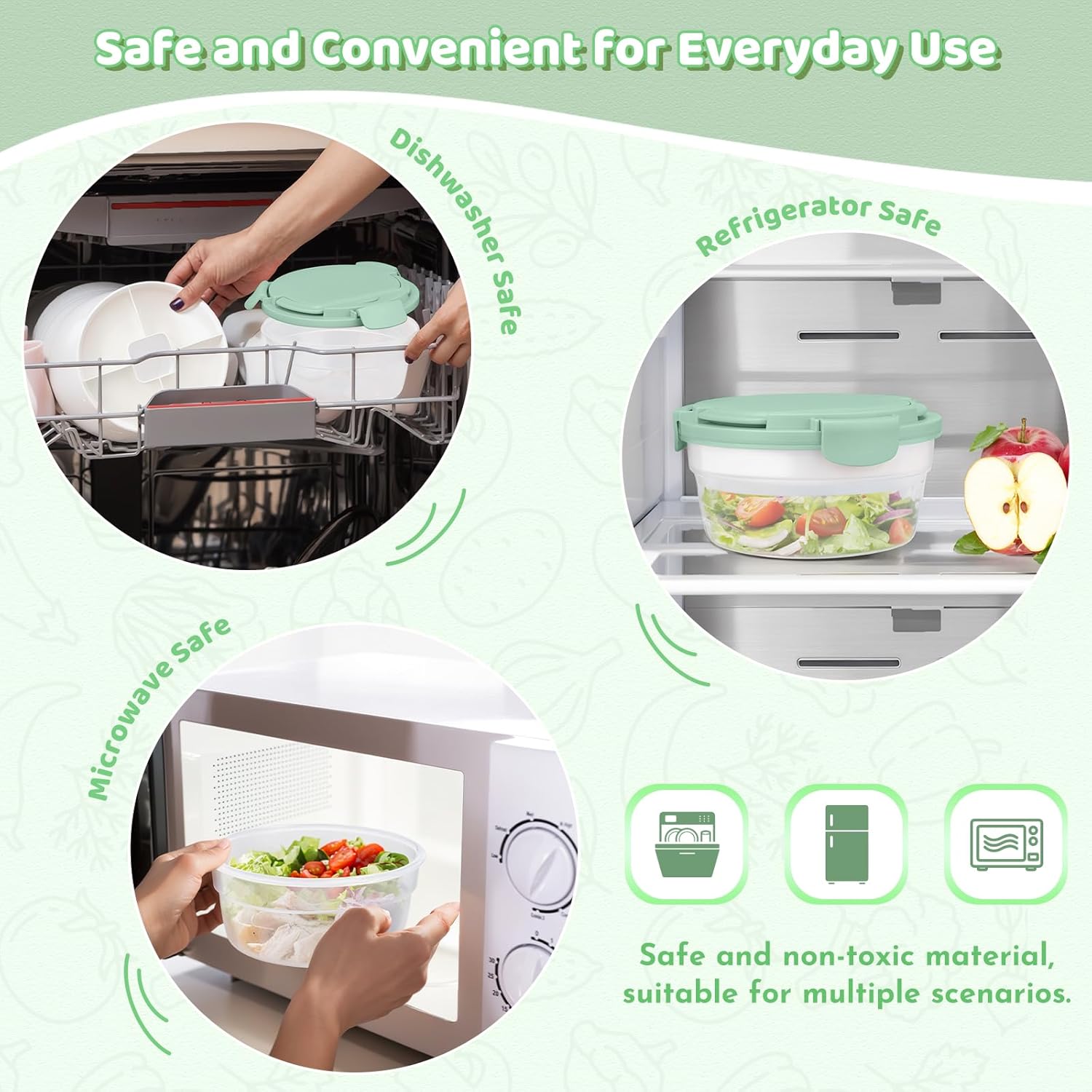 JSLOVE Salad Container for Lunch 58oz, Bento Box Adult with 4 Compartments, Leakproof Large BPA-Free Bento Bowl with Lid for Adults - with Ice Pack & Dressing Cup for Meal Prep, Work, School - Image 6