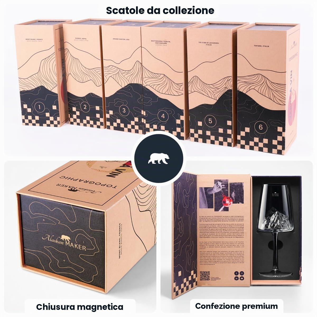 Alaskan MAKER Mont Blanc bicchiere da vino 400 ml – pregiato bicchiere in vetro borosilicato soffiato a mano con rilievo 3D della montagna sul fondo | Valigia rigida Premium con scatola magnetica |