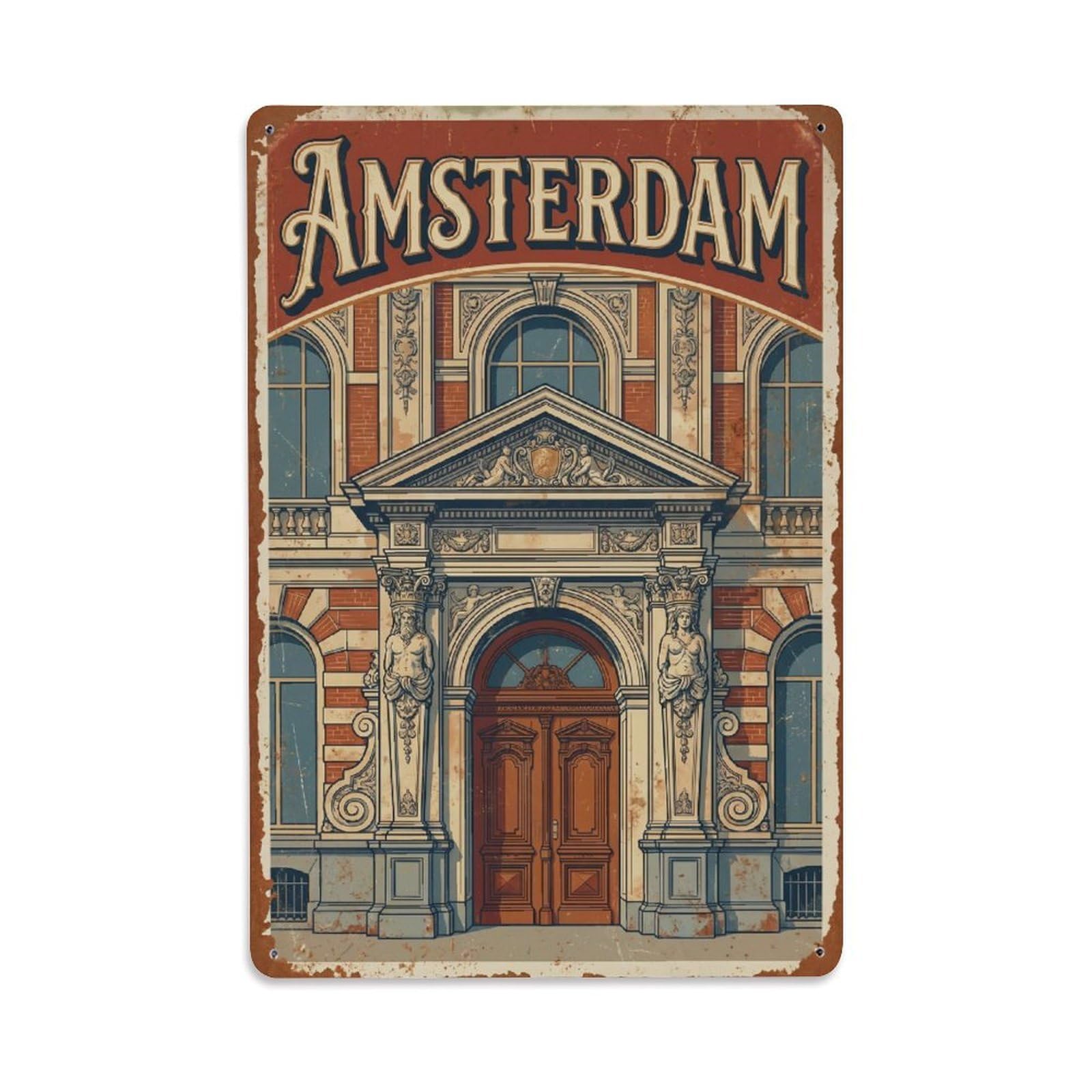 Okngb Style Vintage Portico Facade Amsterdam Historic Landmark Metal Tin Sign Plaque Wall Decor For Cafe, Man Cave, Club Bar, Office, Home Garden Round Metal Poster 8X12inch