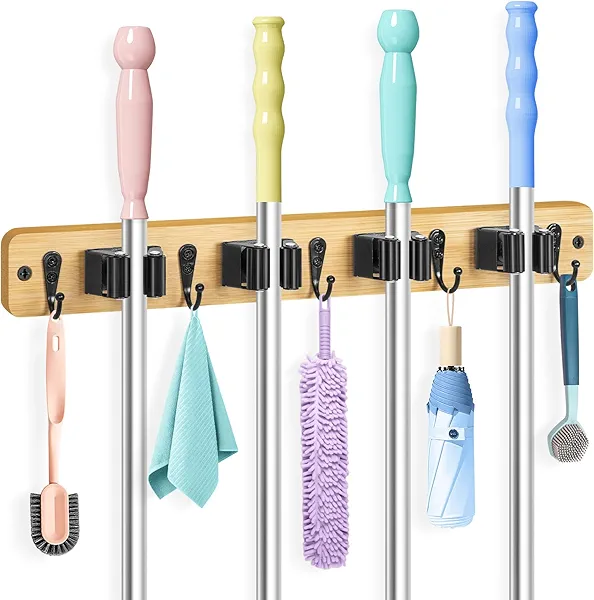 IMILLET Broom Holder Wall Mount, Bamboo Broom Hanger with 4 Racks 5 Hooks, Mop and Broom Holder Wall Mount Self Adhesive, Over The Door Broom Organizer for Laundry Room, Closet, Utility Room (1 Pack)