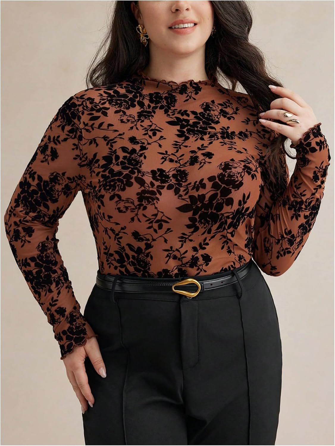 WDIRARA Women's Plus Size Floral Jacquard See Through Mesh Top Lace Mock Neck Long Sleeve Shirts - Image 6