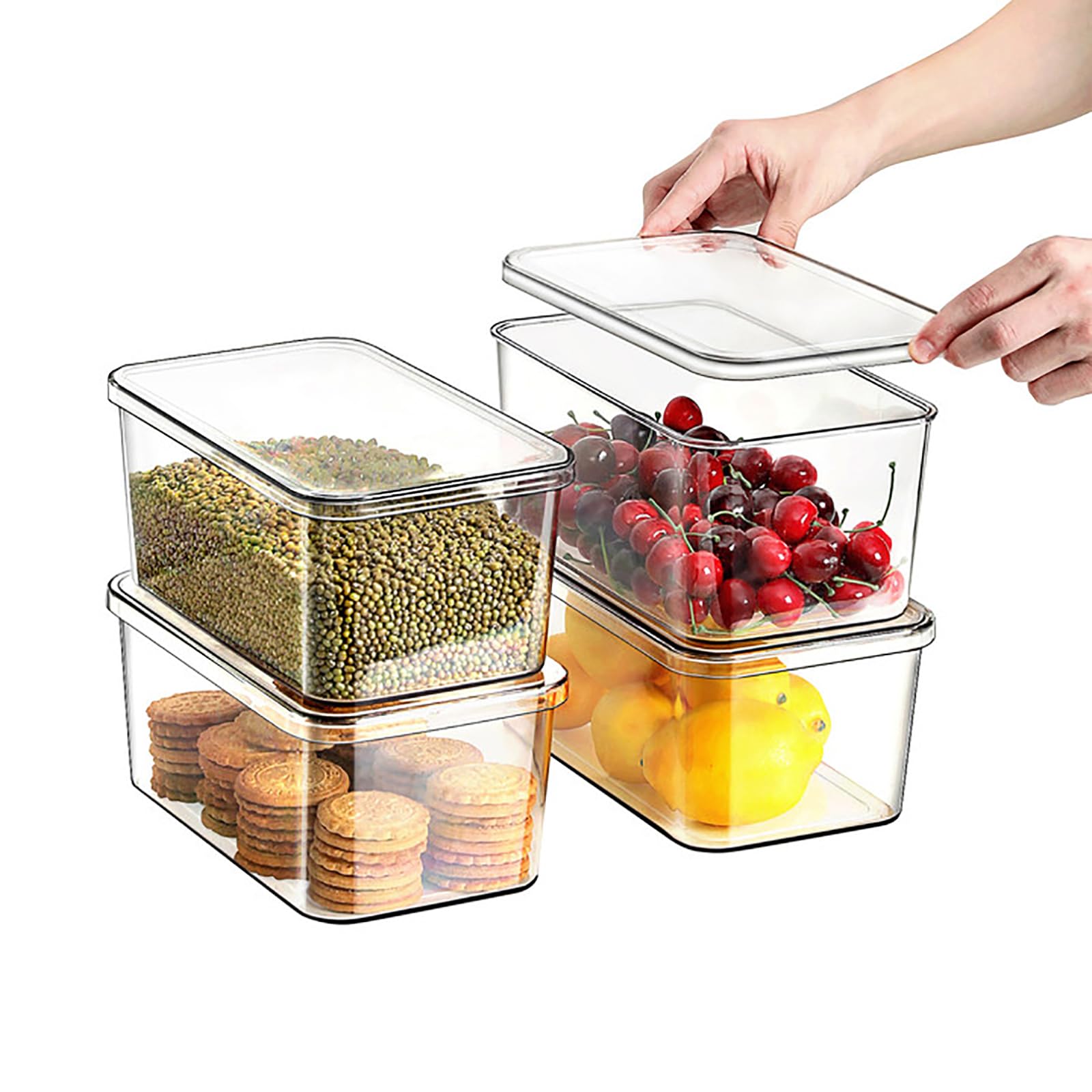 Contenedores de almacenamiento transparentes con tapas, 4 paquetes de organizadores de almacenamiento de alimentos, armario de cocina apilable, cesta de baño, organización de refrigerador.