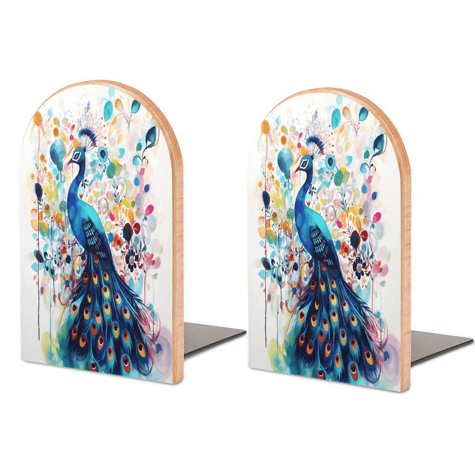 Color Peacock Bookend for Shelves Non-Skid Book Holder Modern Heavy Duty Bookend Stopper Metal Base Wood Book End Books Shelf Holder Home Decorative 1pair 5x3.9x3.1