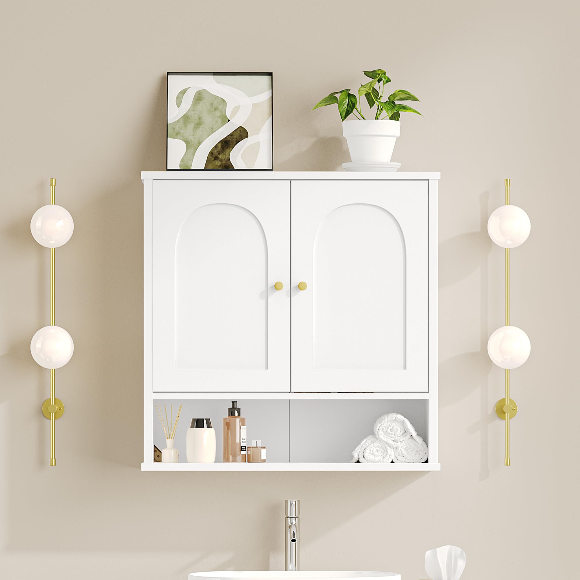 Hzuaneri Hangeschrank, Badezimmerschranke, Wandschrank für Toilette und über Waschbecken, mit 2 Türen, Offener Raum und Verstellbare Regale Medizinschrank, Weiß mit Holzmaserung BC40113X