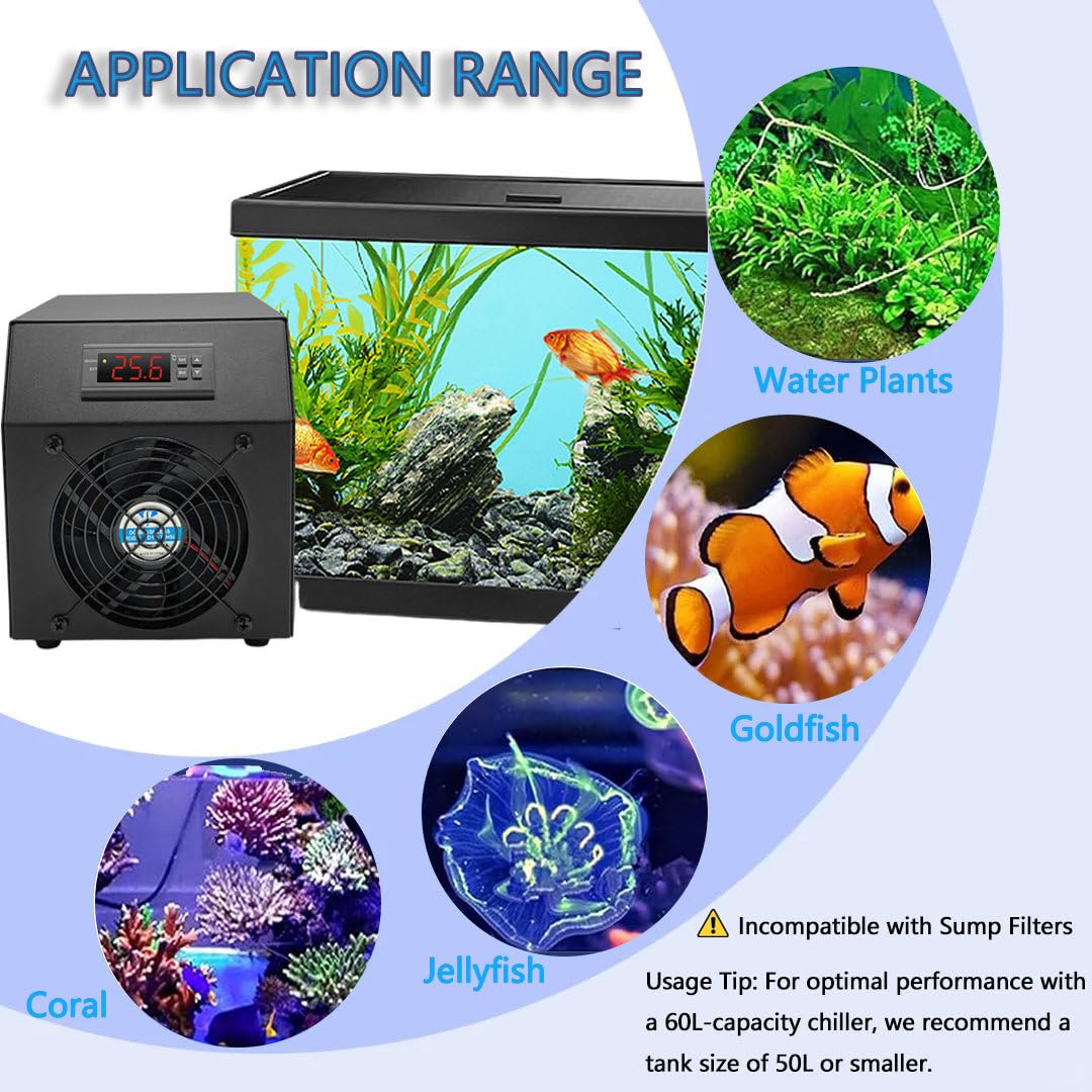 Enfriador Acuario 16 Gal/60 L 2 en 1 para Sistemas Hidropónico, Calentamiento Y Enfriamiento Rápidos para Peces, Camarones Y Corales, con Bomba y Manual AquariumChiller