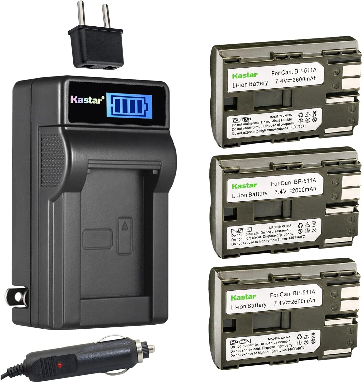 Kastar 3-Pack BP-511 Battery and LCD AC Charger Compatible with Canon BP-508 BP-511A BP-512 BP-512A BP-514 BP-522 BP-535 Battery, CB-5L CG-580 Charger, Canon EOS Camera, Canon Battery Grip BG-E2N