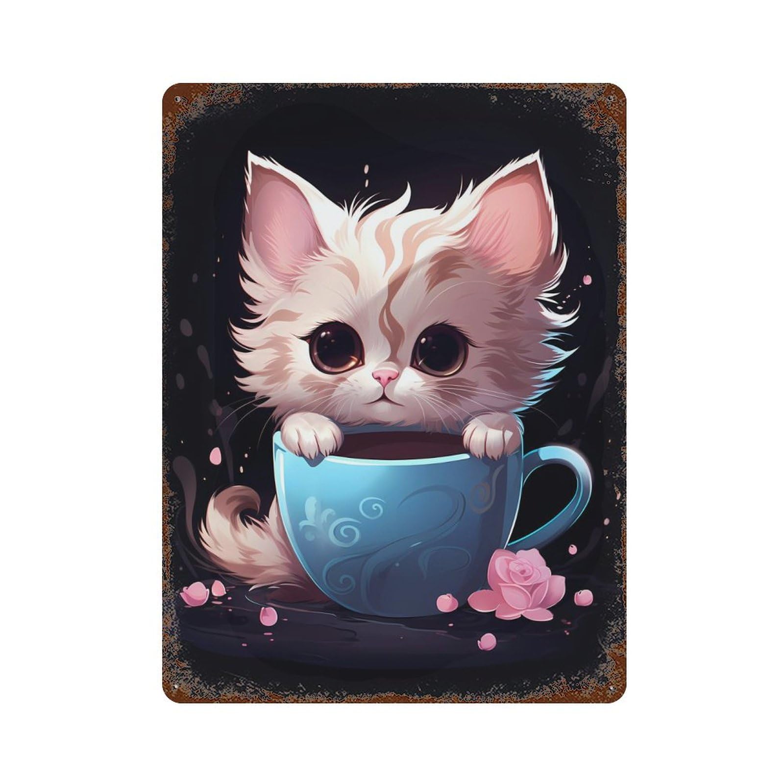 Cup Cat in Teacup Metal Tin Signs Vintage Iron Painting Wall Art for Garage Garden Decor 15.7