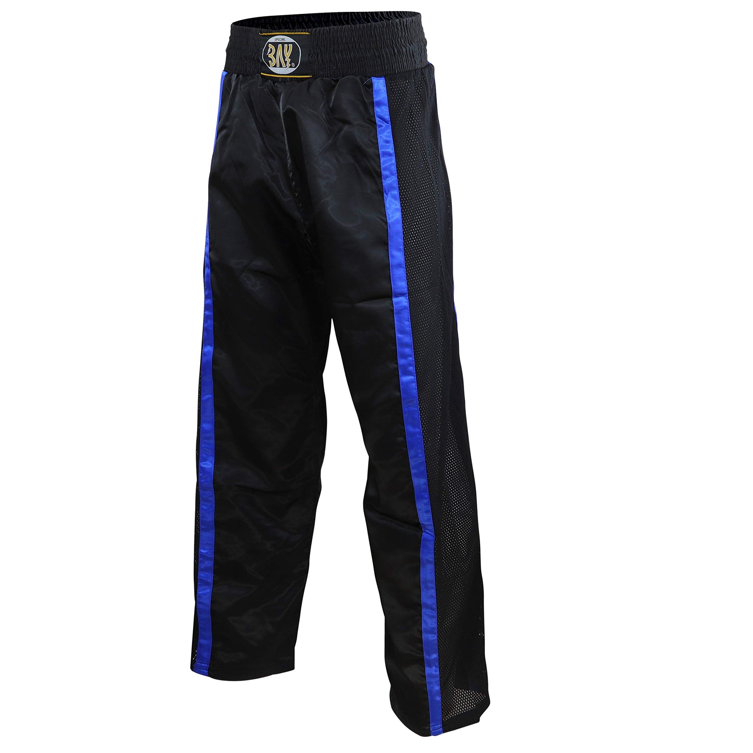 Bay Netz Mesh Kickboxhose Kampfsporthose Schwarz lang Mesh-Netzeinsatz Kontraststreifen in Blau seitlich Polyester Erwachsene Damen Herren Kinder Jungen Mädchen Größen 5XS - XXL
