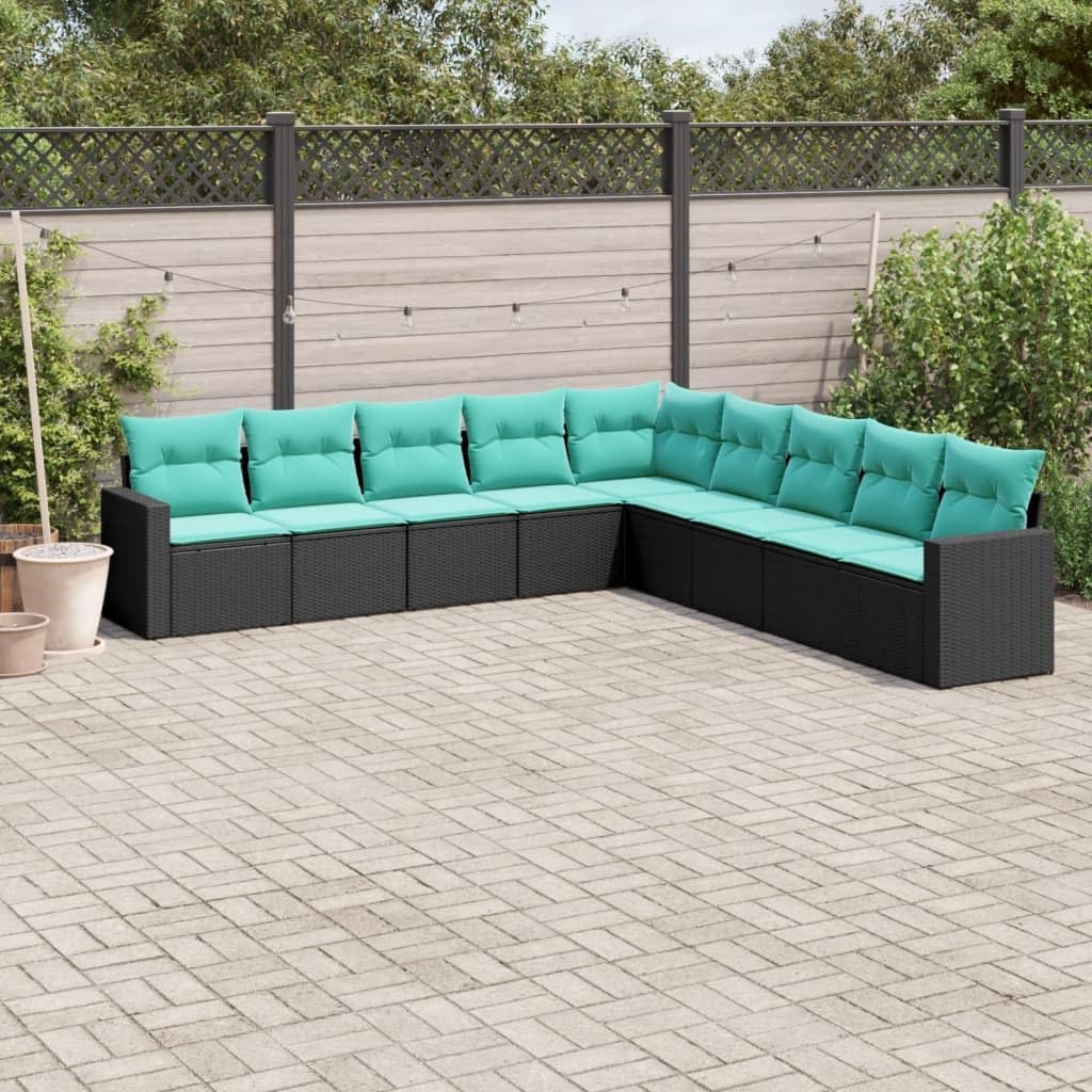 vidaXL 9-Piece Patio Sofa Set with Cushions, Black Poly Rattan Outdoor Furniture, Modular Design