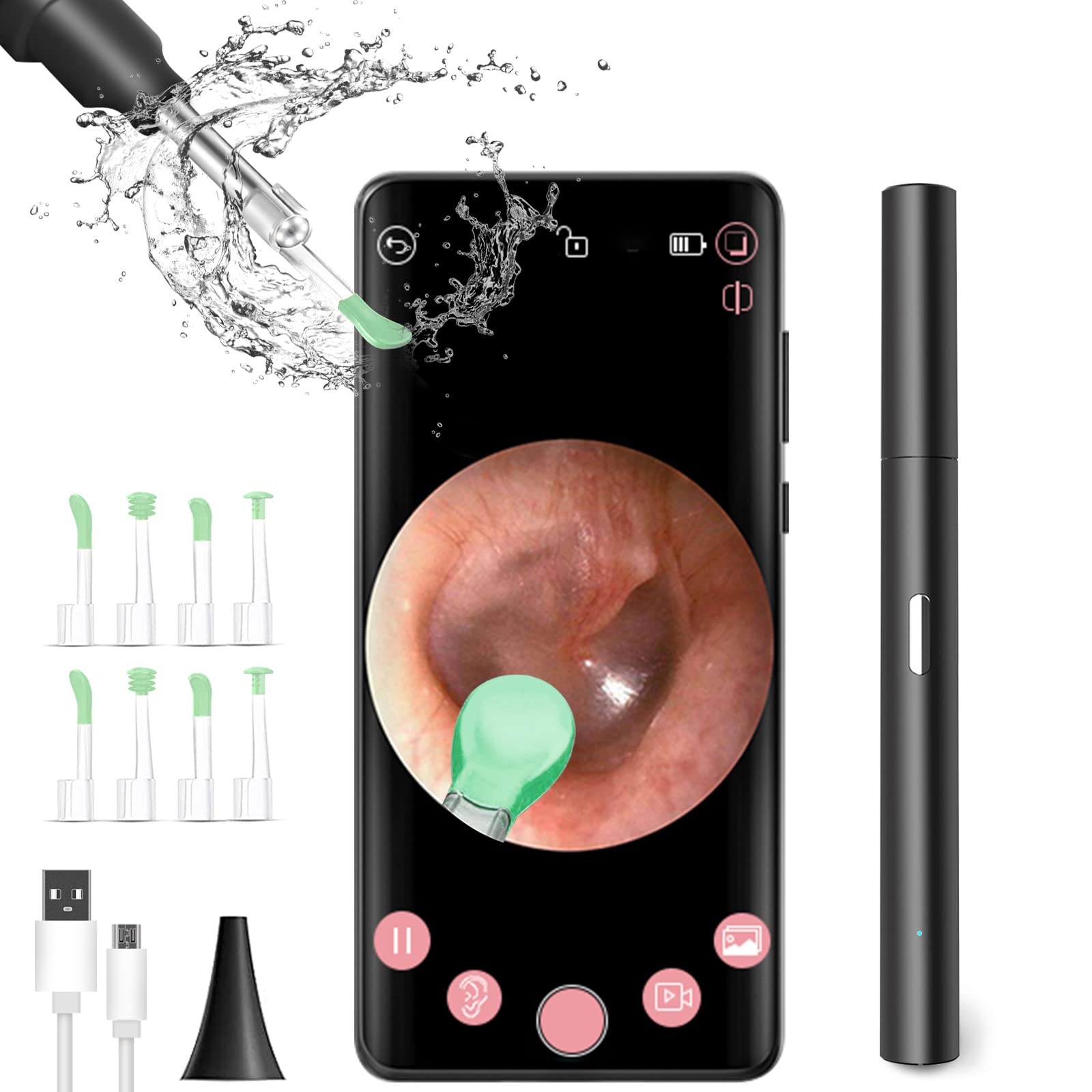 Ear Wax Removal Tool with 6 LED Light and 8 Pcs Ear Set, 1080P Ear Cleaner Camera Compatible with iOS, IPad & Android Earwax Removal Kit for Adults, Kids & Pets Black