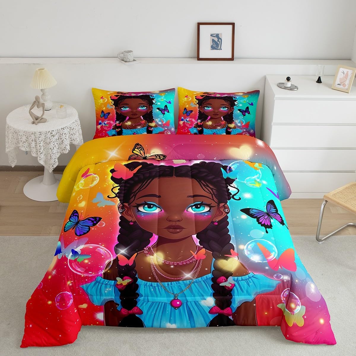 Erosebridal African American Black Girls Comforter Set - Queen Size,Magic Bedding for Kawaii Princess Bedroom Decor,Duvet Insert Dreamy Butterfly Quilt 3 Pcs