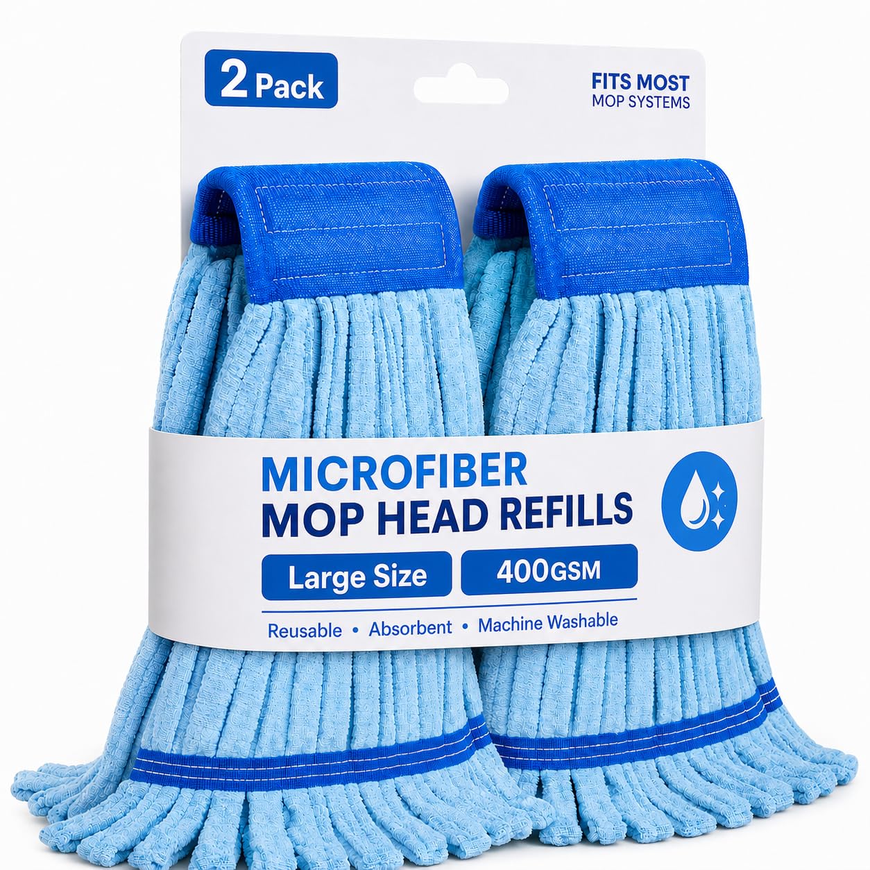 2 Pack - Large Commerical Microfiber Tube Mop 400GSM - Heavy Duty Industrial Wet Mop Head Refill, Thick Fiber, Replacement Heads, Extra Absorbent