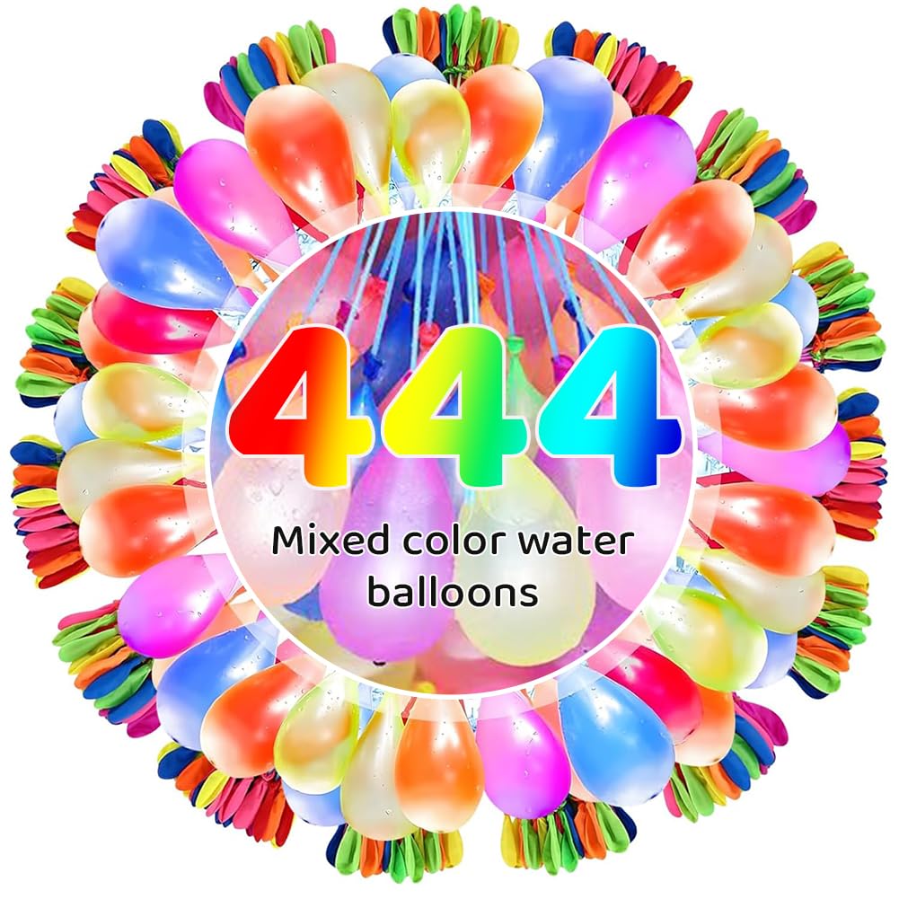 Water Balloons, 444 Pieces Quick-Fill Assorted Water Balloons with Hose Nozzle, Water Bombs Self Sealing Colorful Splash Water Balls for Family Garden Beach Swimming Pool Party -A