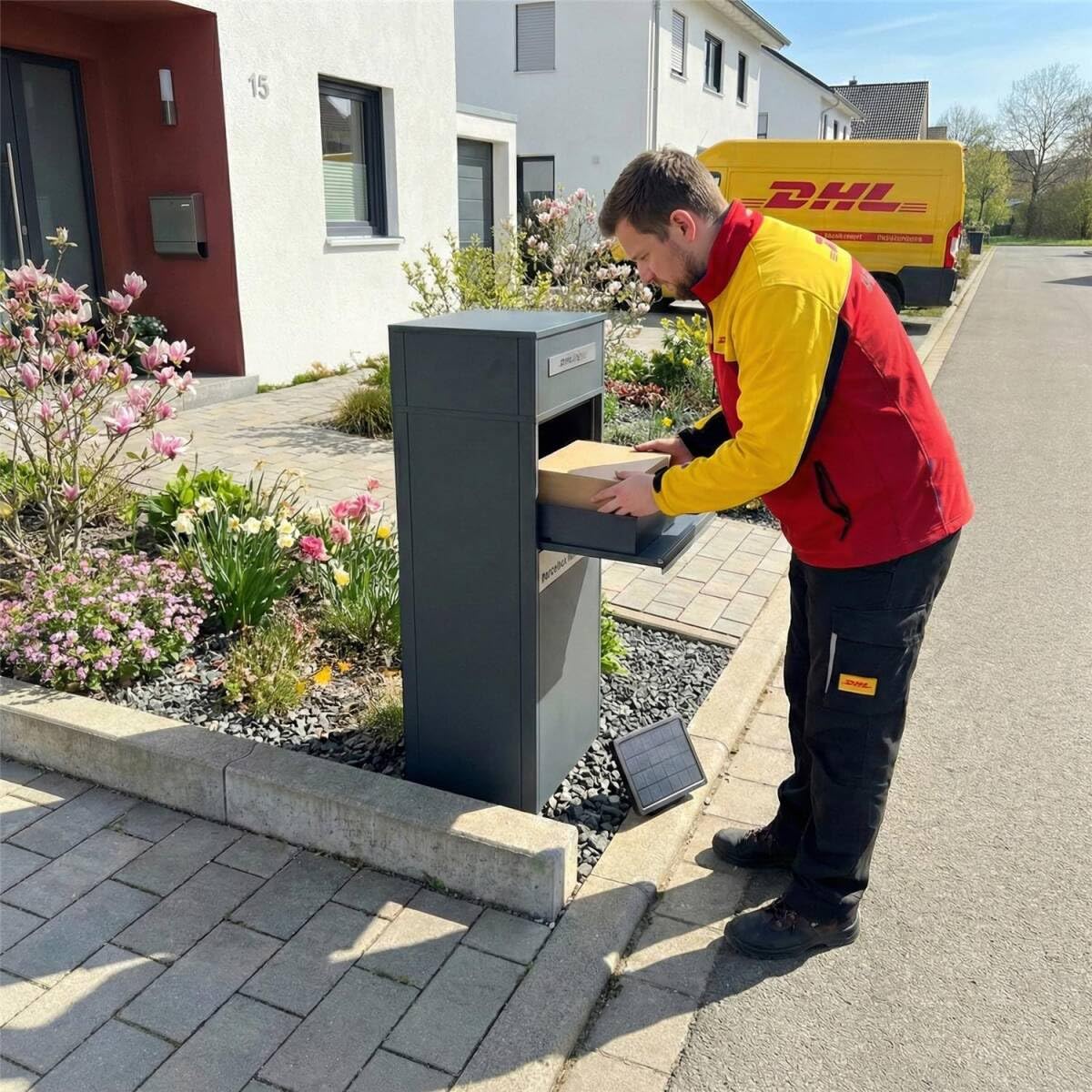 Metzler Paketbox mit LED und 1 Briefkasten | Paket- & Briefkasten | Entnahme hinten | Solar-LED | Standbriefkasten personalisiert mit Gravur, Paketkasten in RAL7016 Anthrazit