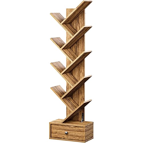 Pipishell Tree Bookshelf with Drawer, 8-Tier Vertical Bookshelf, Modern Bookcase, Book Shelf Organizer for Living Room, Bedroom, Home Office, Rustic Brown, PIBS03WN