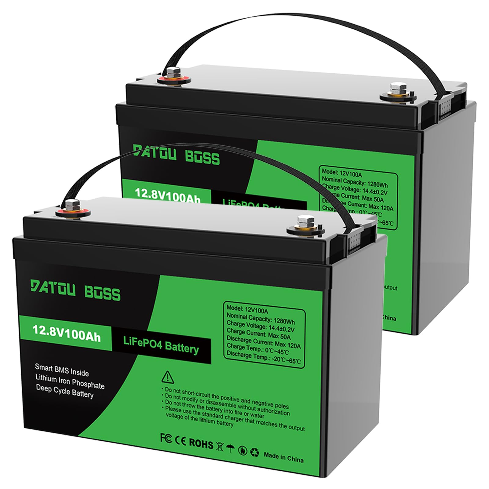 DATOUBOSS 2 * Batteria al Litio 12V 100Ah LiFePO4, BMS 100A Incorporato, Fino a 15.000 Cicli Profondi, Uscita Massima 1280Wh, Supporto Collegamento in Serie/Parallelo, per Camper, Sistema Solare