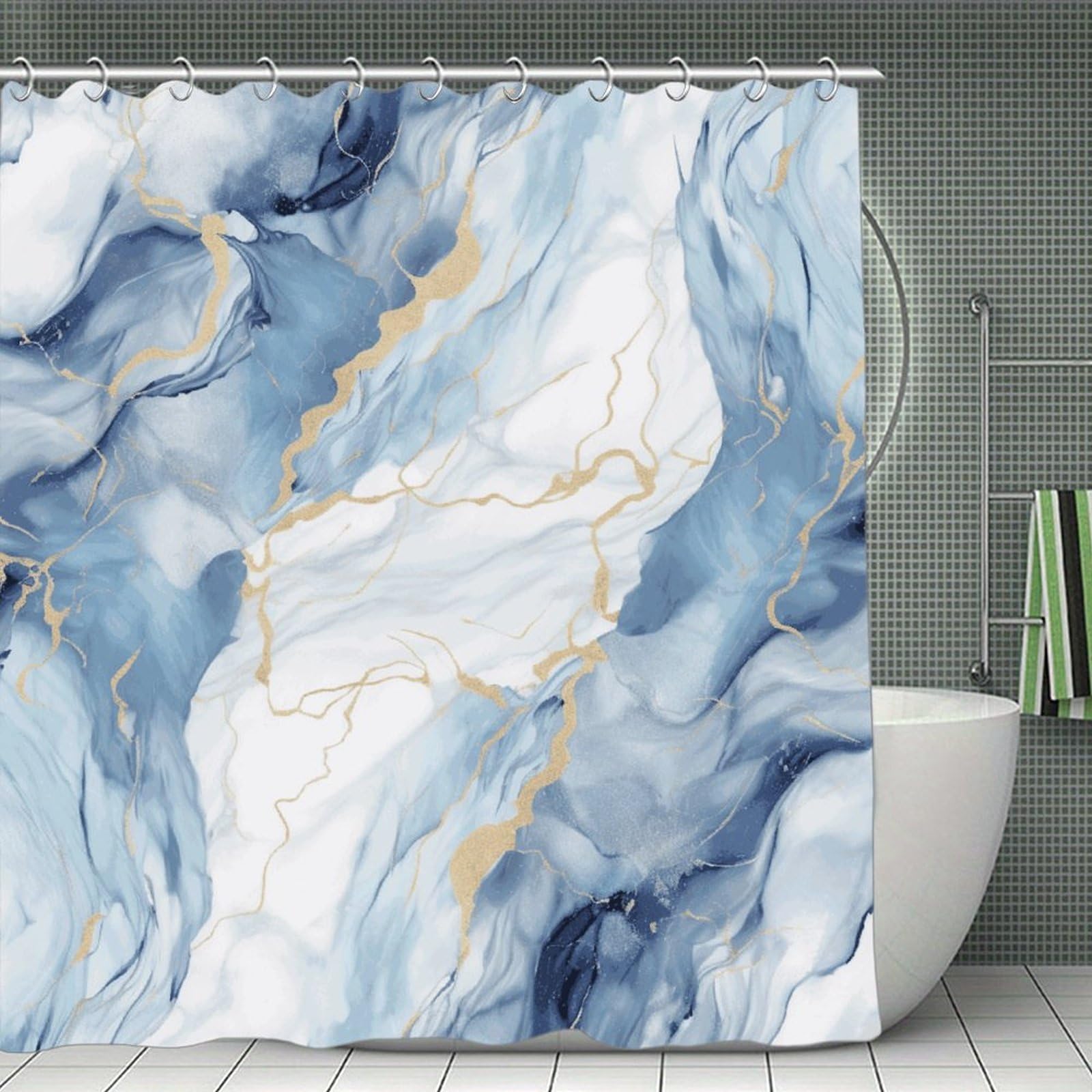 FekiLoot White Blue Marble Shower Curtain with Hooks Modern Farmhouse Bathroom Curtain Waterproof Cloth Bath Curtains Cute Washable Blackout Privacy Curtains for Bathroom Bathtub 70.8"x70.8"