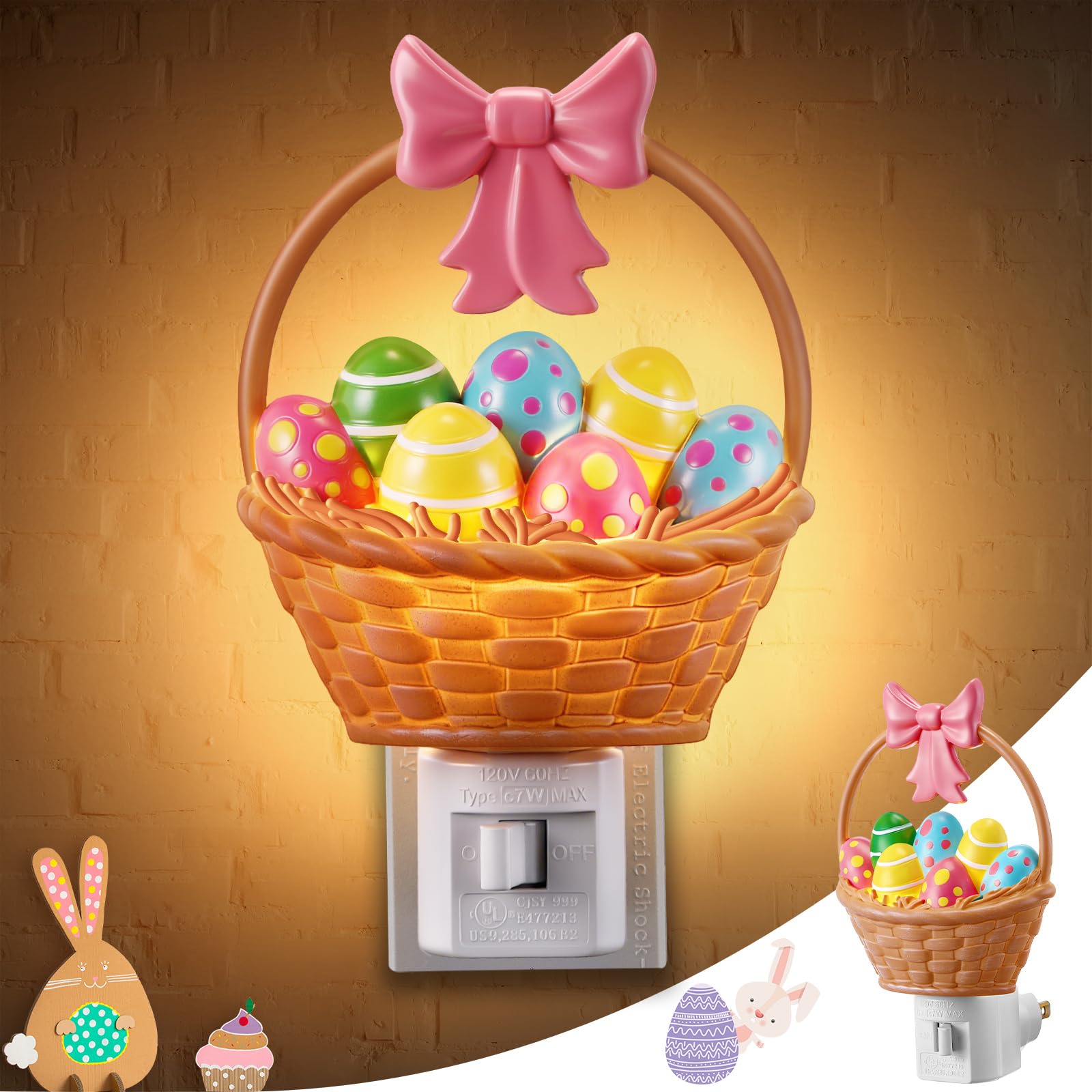 - Easter Basket Egg Decorative Nightlight, Easter Cute Resin Plug in Light, 3D Egg Bow Basket Lamp Spring Indoor Bedroom Bathroom Home Decor Lighting Gifts for Kids, Holiday Lamp by C7 LED Bulb
