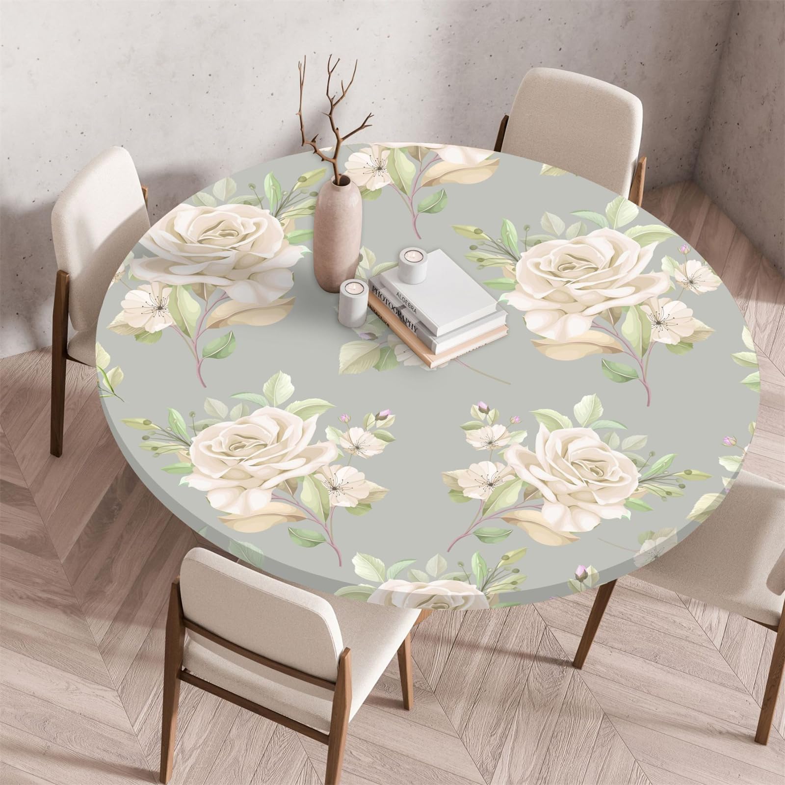 Muiuou Waterproof Elastic Fitted Round Tablecloth,Flower Printing Reusable Waterproof Oil-Proof Wipeable Circle Tablecloth,for Dinning Room Kitchen Picnic Decoration (Diameter 120cm,Style 15)