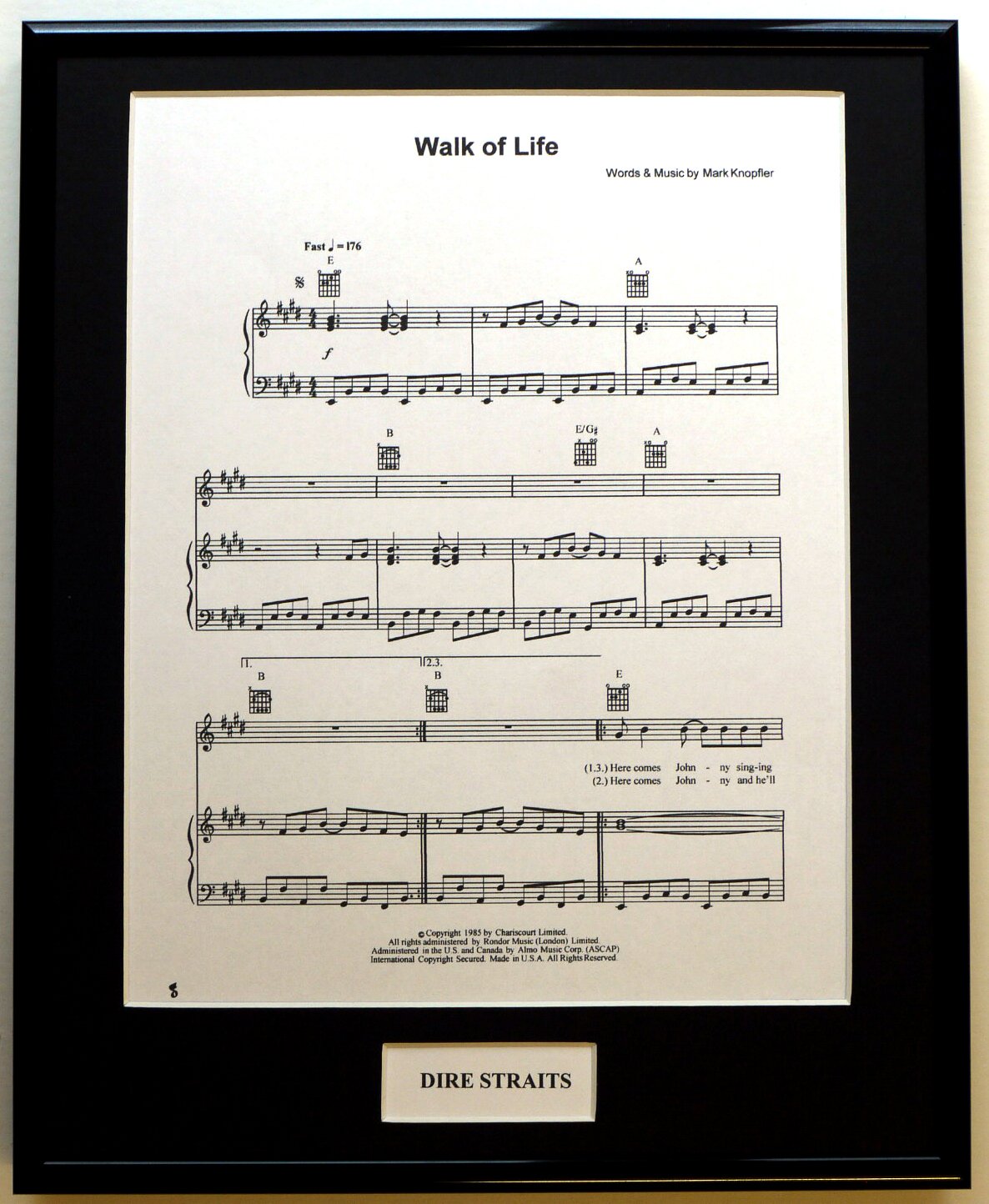 DIRE STRAITS/FRAMED SONGSHEET/WALK OF LIFE (Can be personalised)