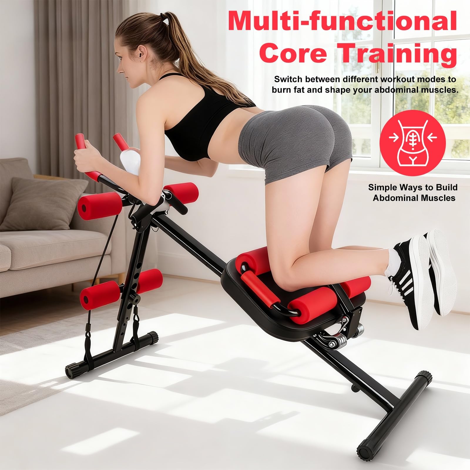 Bauchtrainer für Zuhause Verstellbarer, multifunktionaler Bauchmuskeltrainer, Fitnessgerät bis 150 kg belastbar, Full Body Abdominal Trainer für Herren und Damen (blackish red)